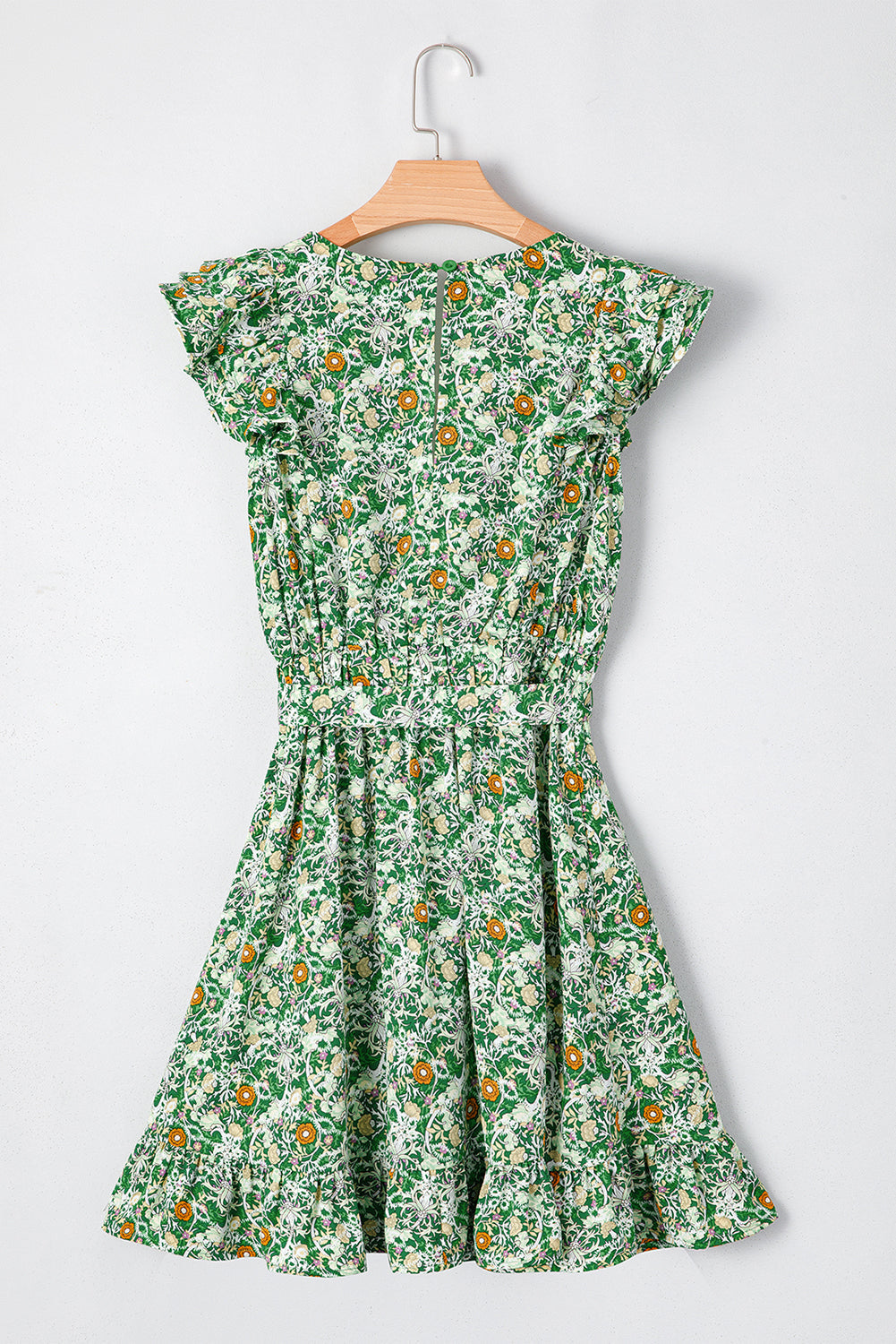 Green Flower Print Flutter Sleeve V Neck Sashed Ruffled Mini Dress eAura
