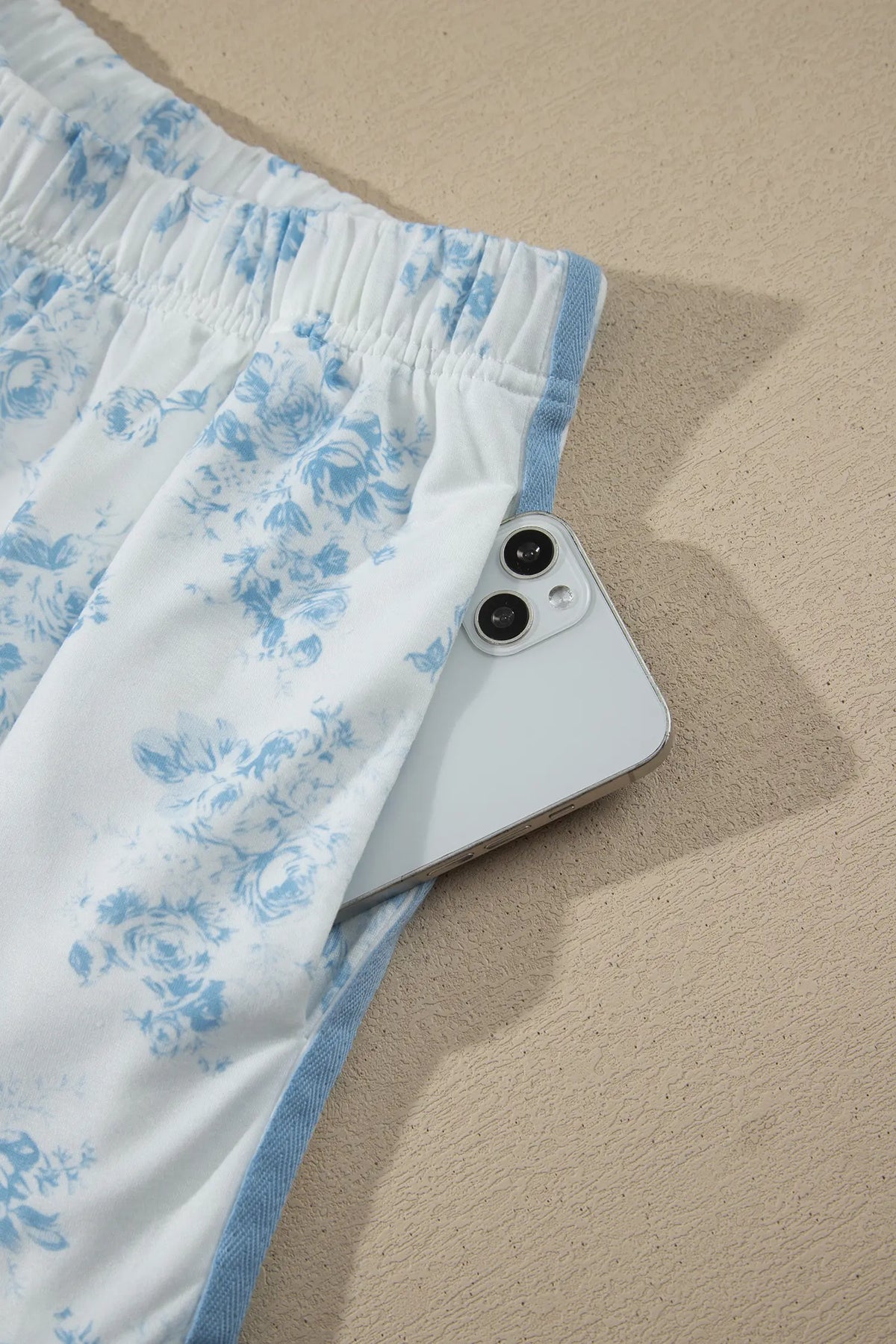 Sky Blue Floral Print Striped Detail Long Sleeve Top Ruffle Hem Shorts 2pcs Set – Light Blue