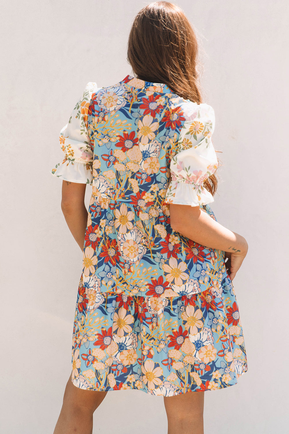 Multicolour Boho Floral Print Crochet Patchwork V Neck Loose Mini Dress eAura