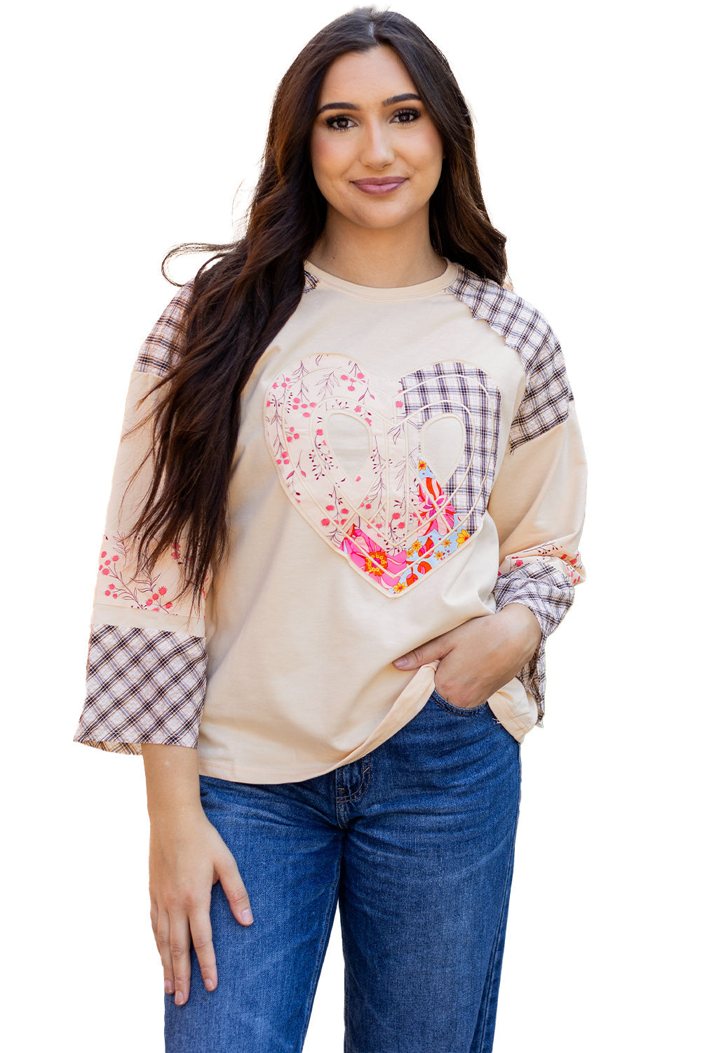 Clearly Aqua Plaid Floral Peace Heart Graphic Wide Long Sleeve Top Beagle Boutique Fashion Outlet
