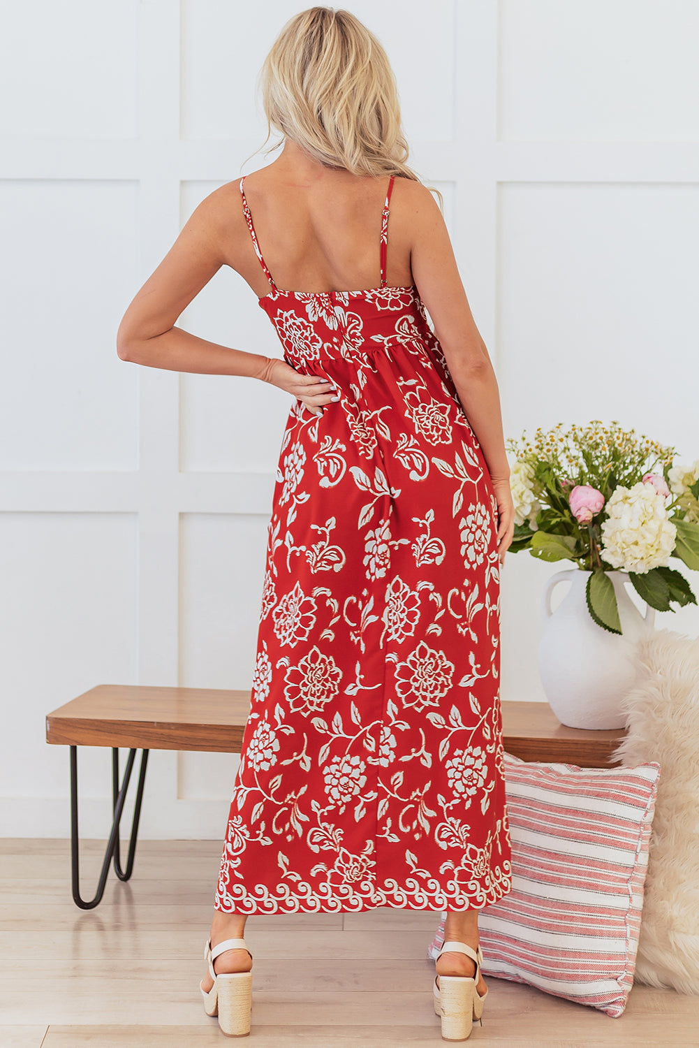 Red Floral Printed Spaghetti Strap Empire Waist Maxi Dress eAura