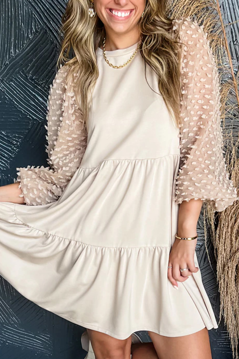 Beige Embellished Puff Sleeve Tiered A-line Dress eAura