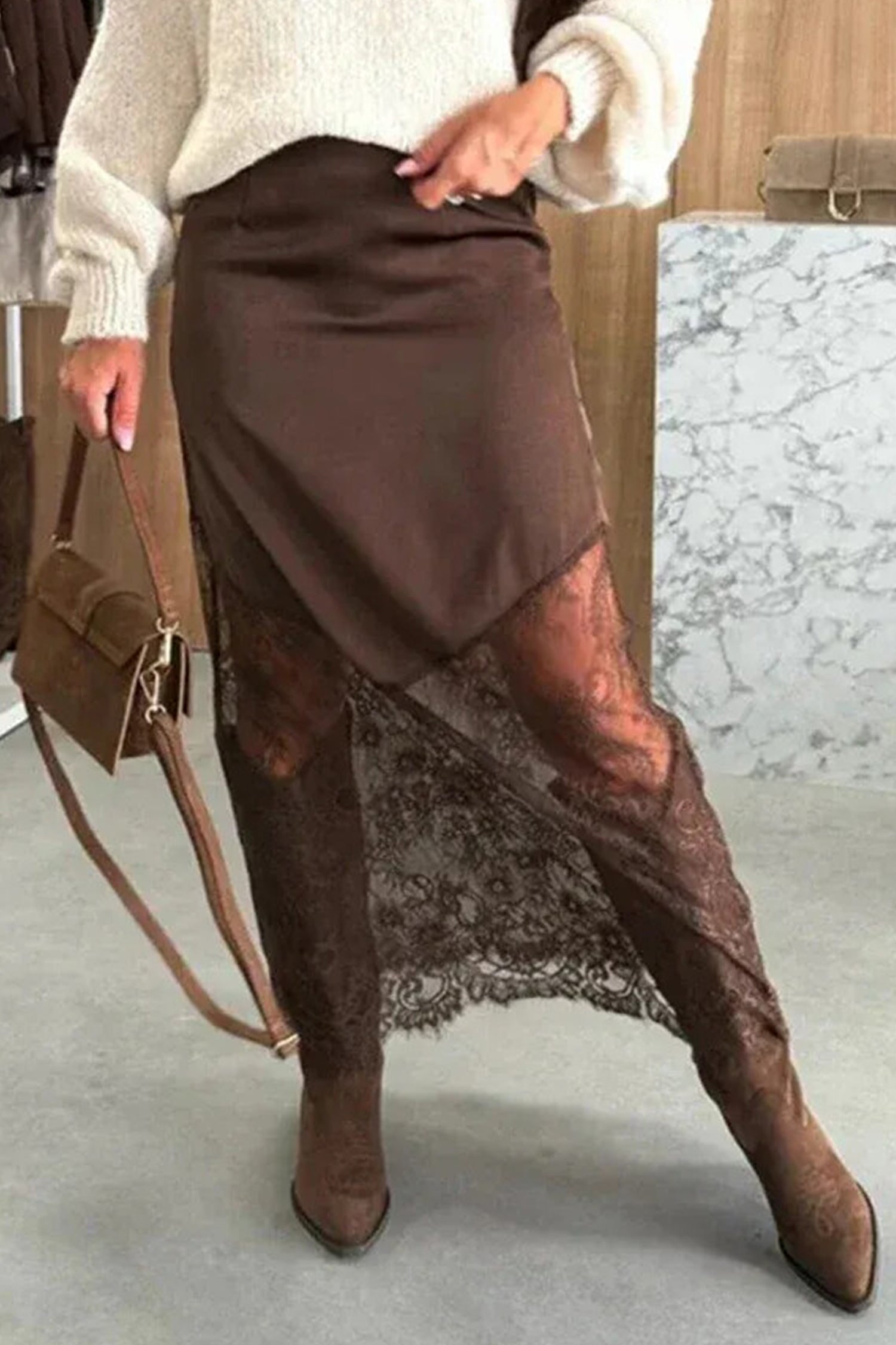Lace Patchwork Hem Long Casual Shift Skirt – Dark Brown