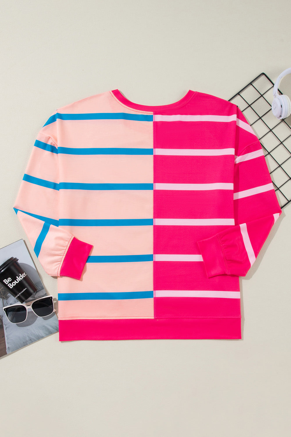 Rose Stripe Colour Block Crewneck Long Sleeve Plus Size T Shirt BB Fashion Outlet