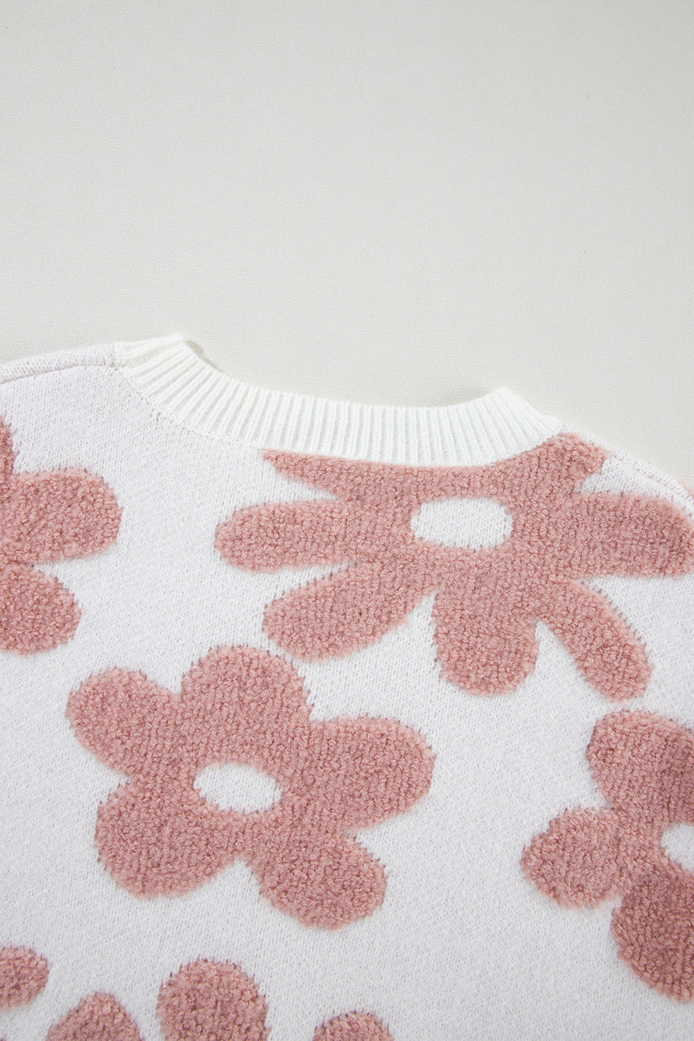 White Textured Flower Drop Shoulder Loose Sweater eAura