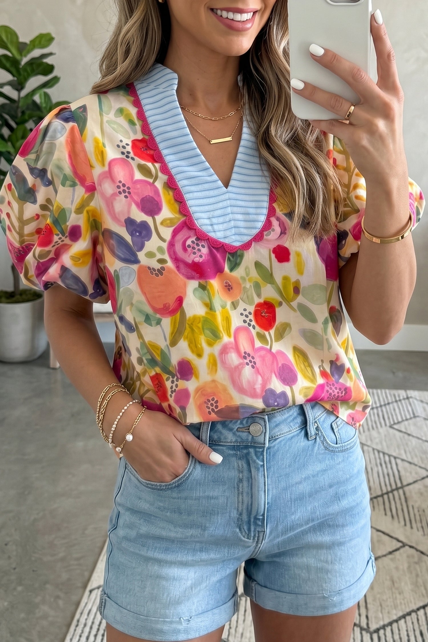 Floral Print V Neck Short Puff Sleeve Cotton Blouse – Rose