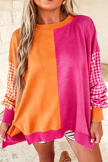 Colourblock Gingham Sleeve Crewneck Sweatshirt – Rose Red