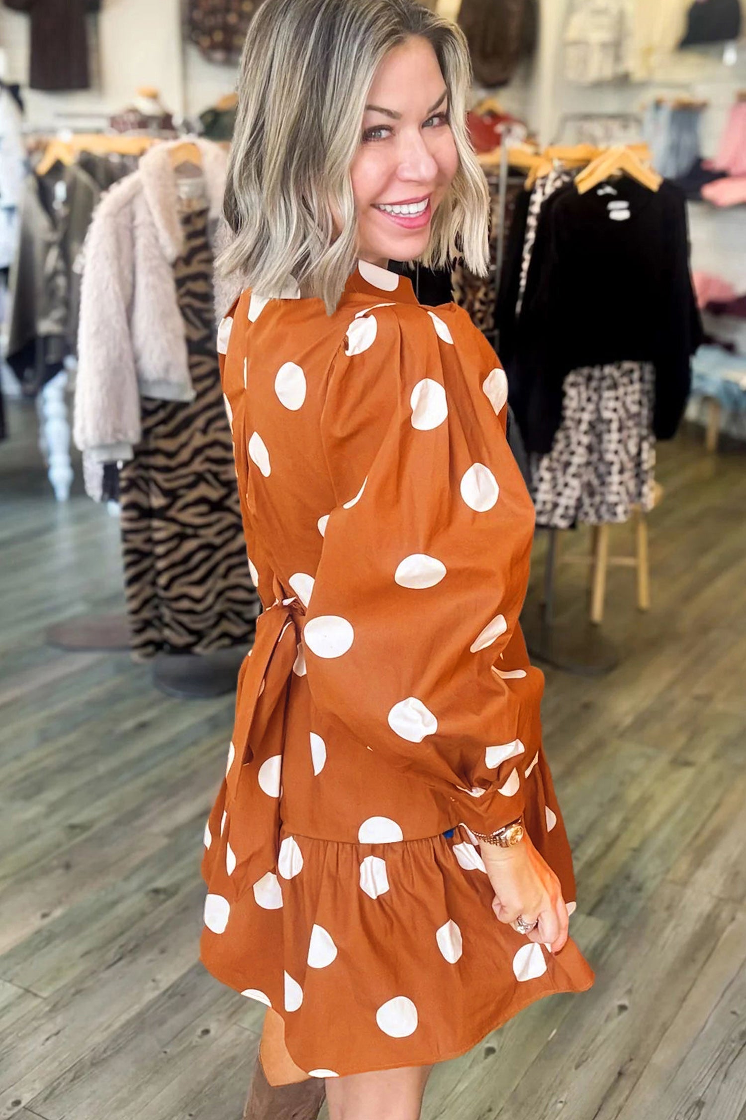 Polka Dot Long Sleeve Tie Waist Casual Shift Mini Dress – Brown