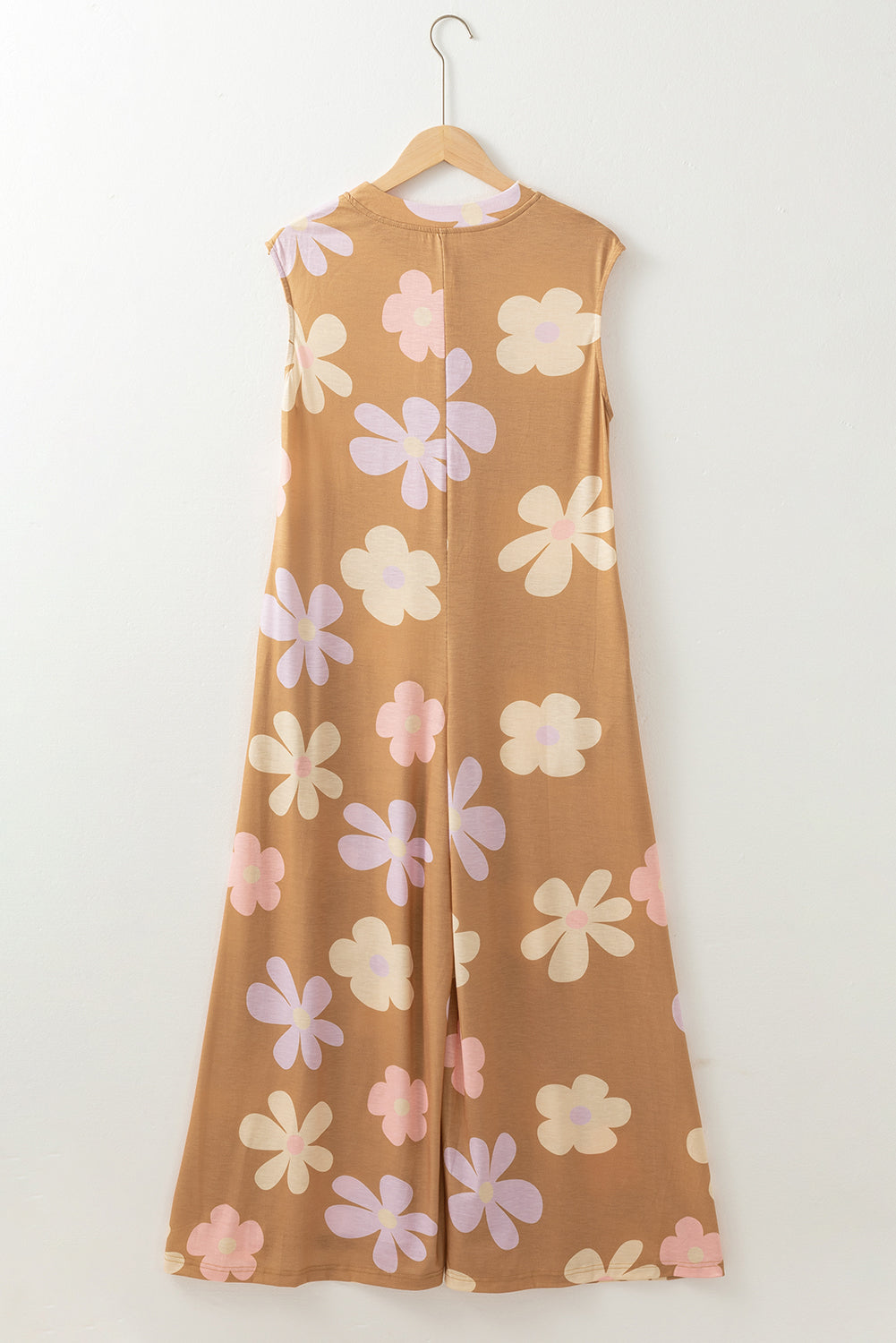 Khaki Floral Print Sleeveless Button up Wide Leg Loose Jumpsuit eAura