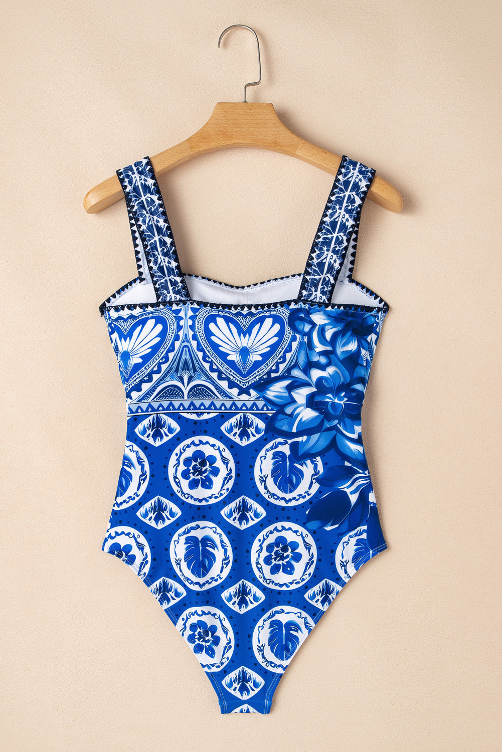 Blue Tile Pattern Ricrac Wide Straps Sheath One Piece Swimsuit eAura