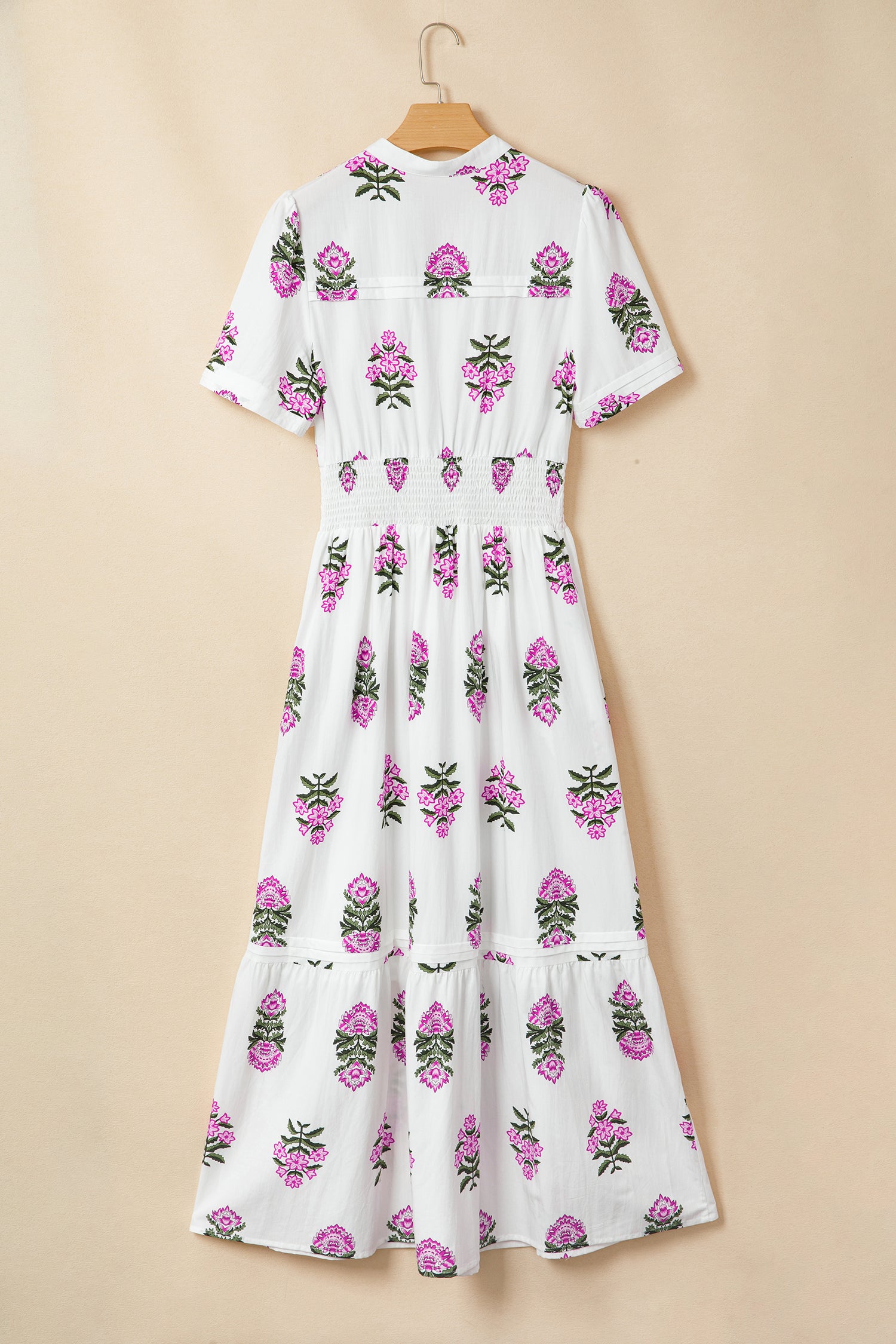 Floral Print Split Neck Shirred Waist Ruffle Hem Maxi Dress