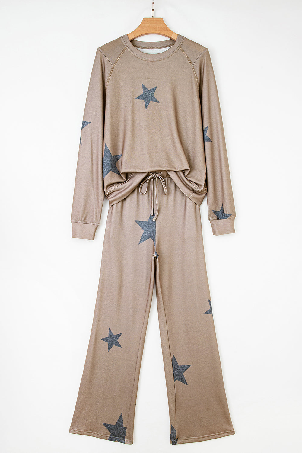 Khaki Retro Star Print Long Sleeve Drawstring Lounge Set - eAura