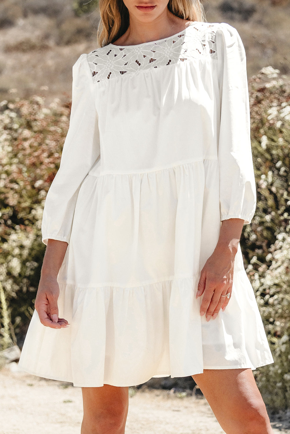 White Floral Lace Patchwork Bracelet Sleeve Tiered Mini Dress Beagle Boutique Fashion Outlet