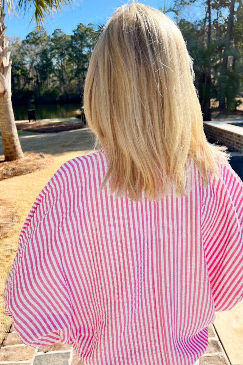 Striped Print Contrast Split Neck Dolman Sleeve Blouse eAura