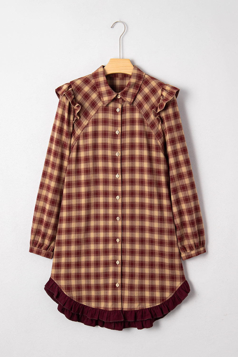 Plaid Print Ruffled Long Sleeve Hem Mini Shirt Dress - eAura
