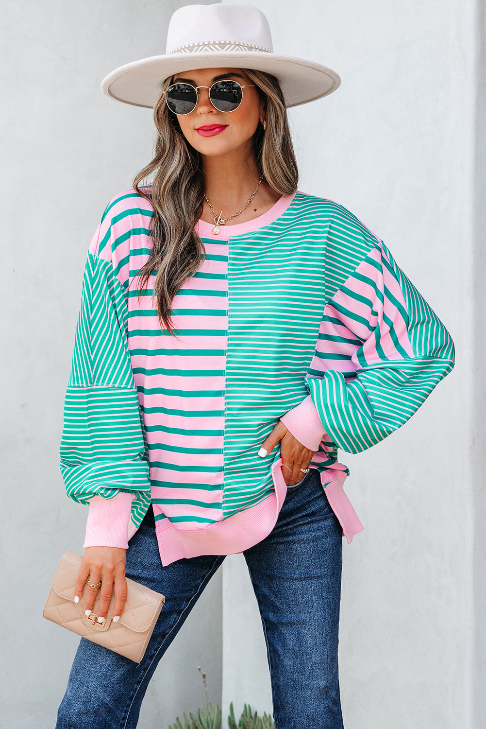 Green Stripe Patchwork Side Slit Oversized Sweatshirt - eAura