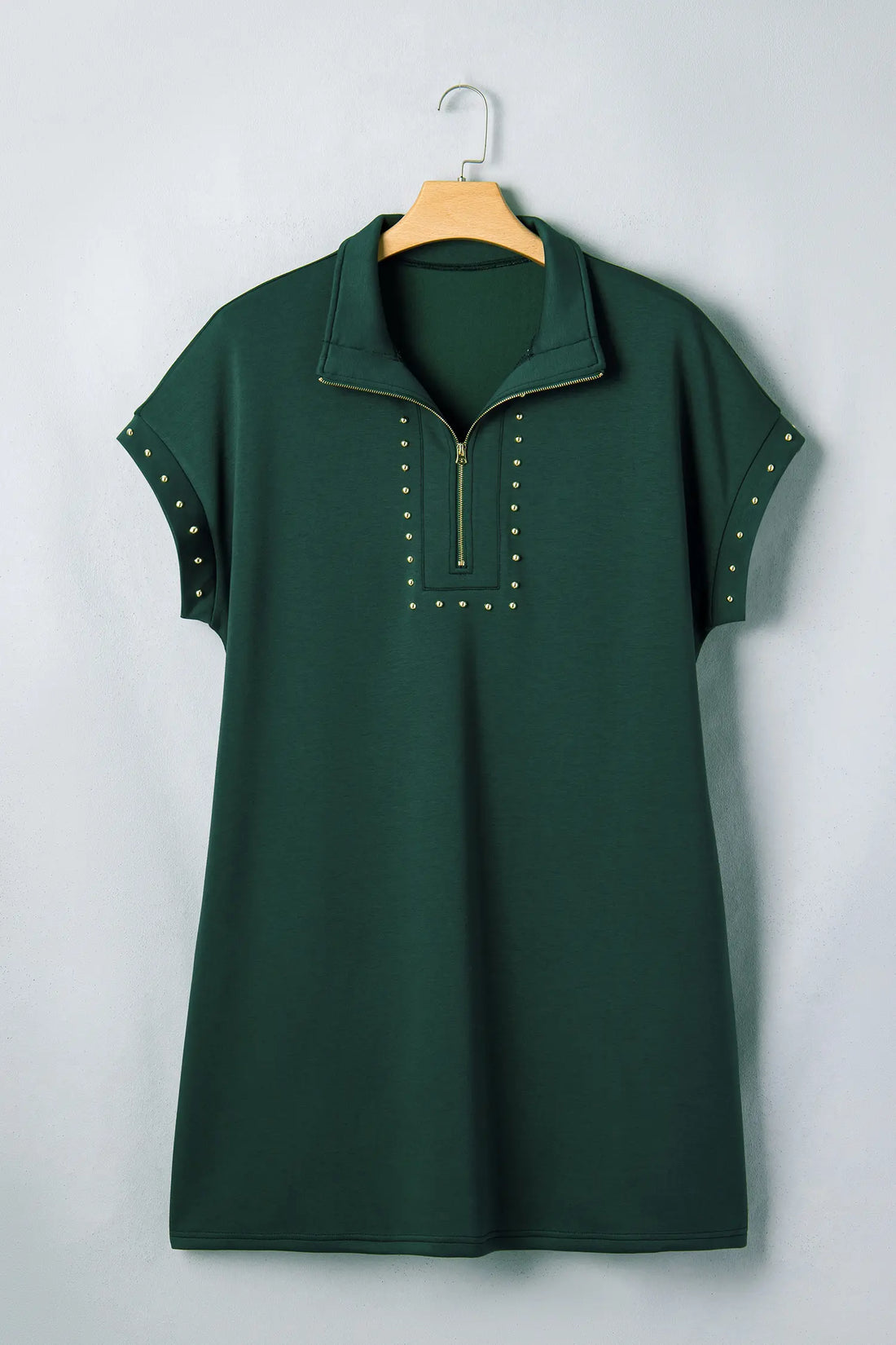 Plus Size Studded Zip-Up T-Shirt Dress with Pockets – Green