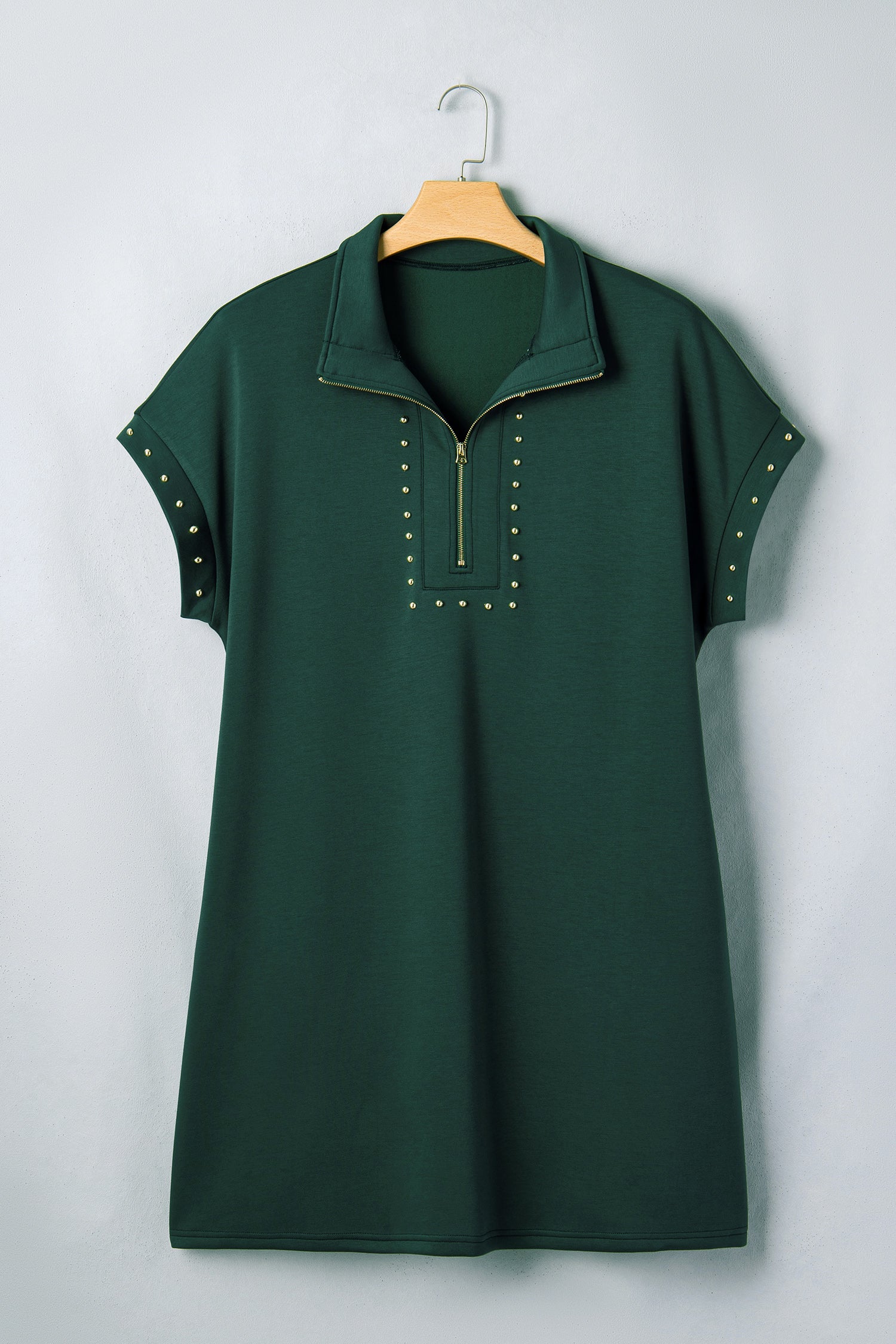 Plus Size Studded Zip-Up T-Shirt Dress with Pockets – Green