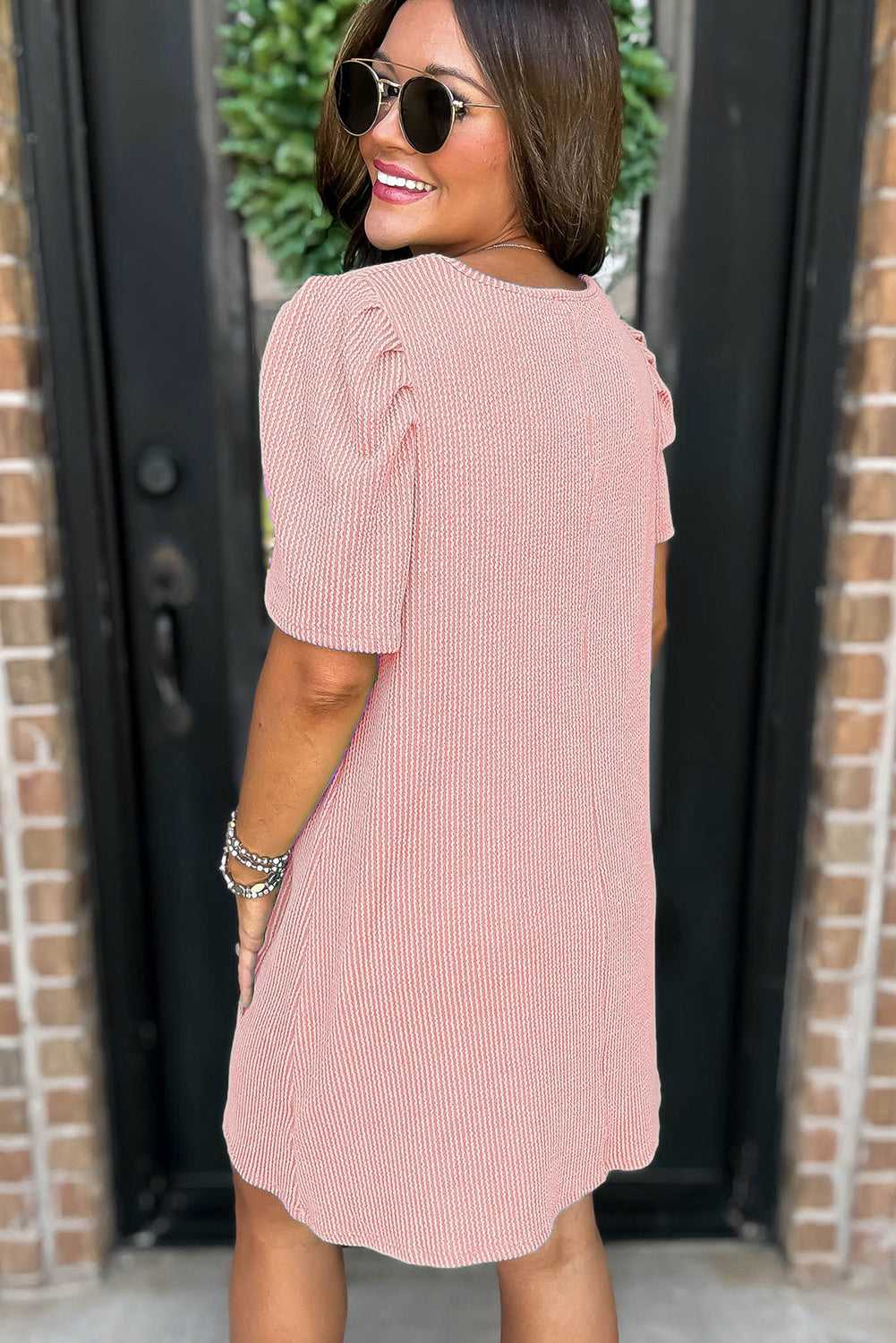 Blossom Corded Knit Crew Neck Puff Sleeve Shift Mini Dress BB Fashion Outlet