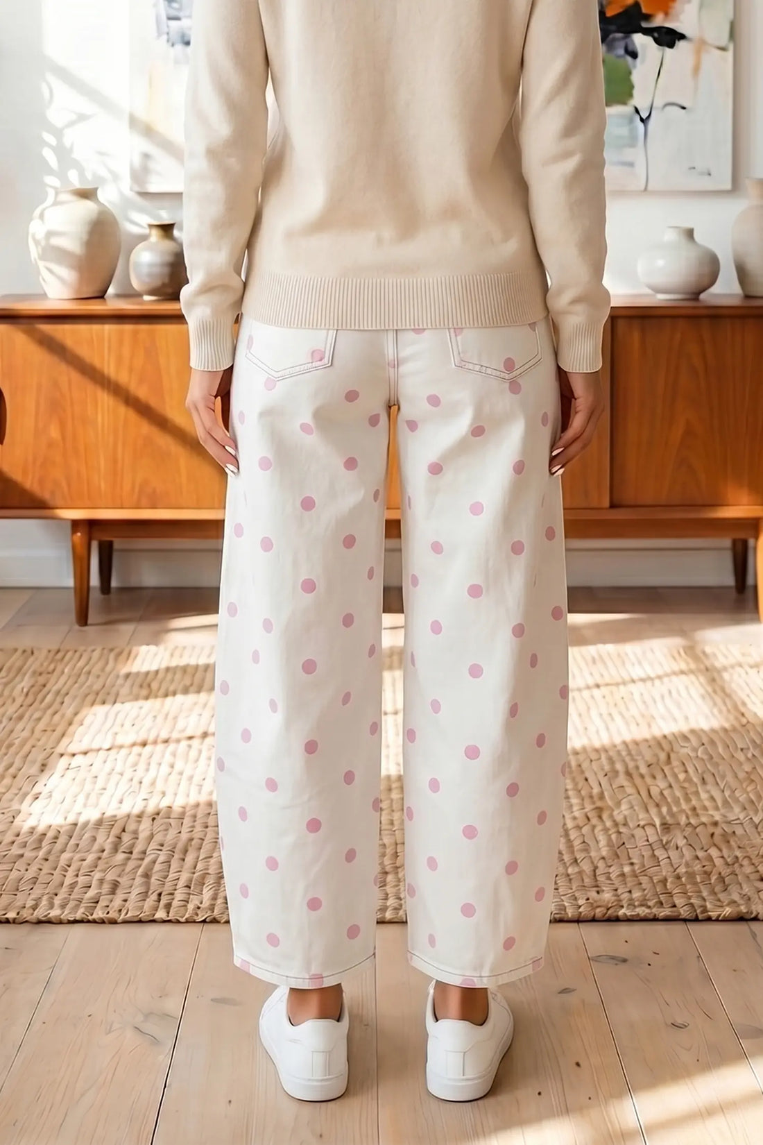 Polka Dot Print Seam Detail Barrel Jeans – Pink