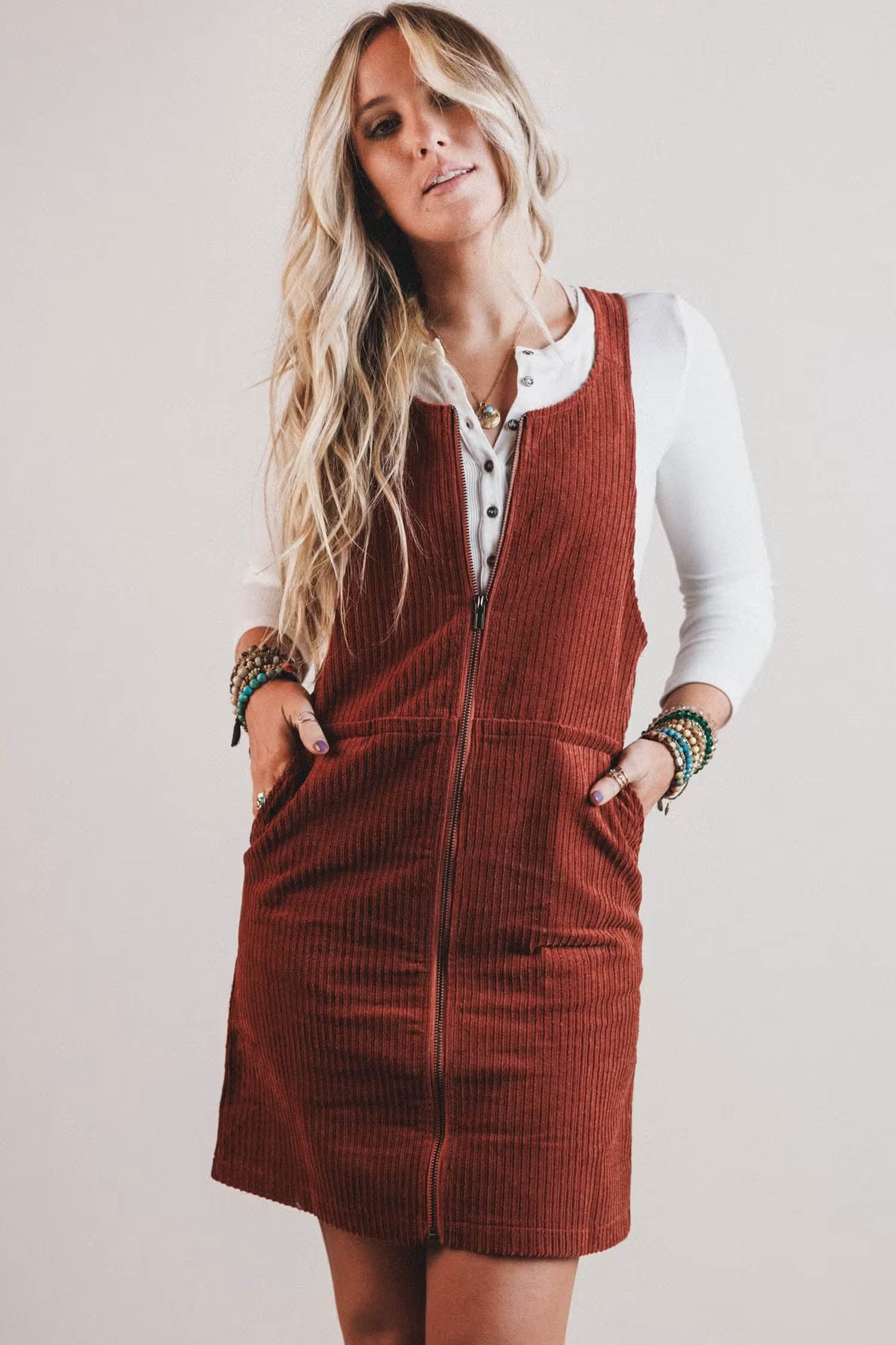 Ribbed Corduroy Zip-Up Sleeveless Pocket Sheath Dress – Clay