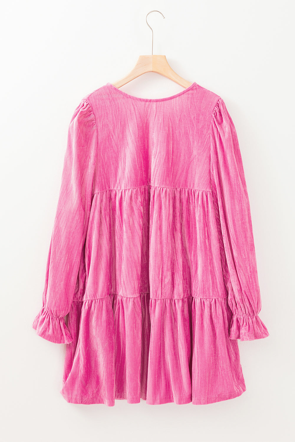Strawberry Pink Flounce Sleeve Tiered Ruffled Velvet Mini Dress eAura