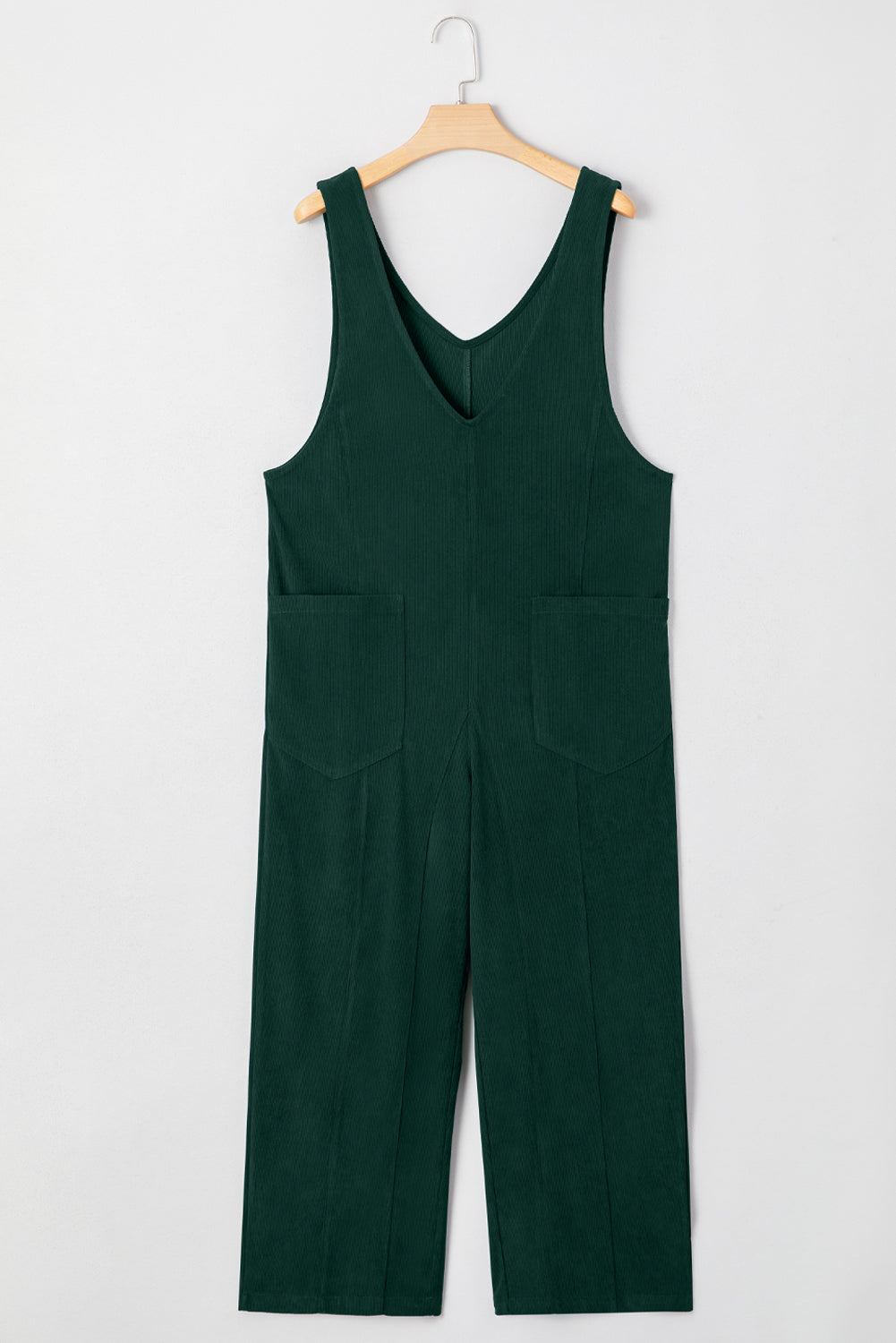 Green Corduroy V-Neck Patched Pocket Sleeveless Jumpsuit