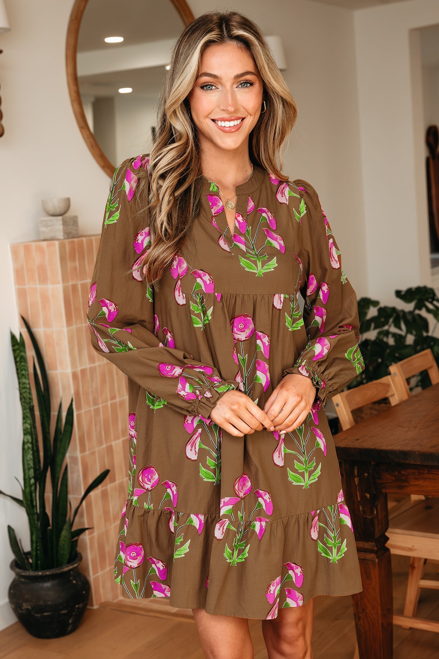 Brown Contrast Floral Print Babydoll Tunic Ruffled Hem Puff Sleeve Dress - Dresses/Floral Dresses