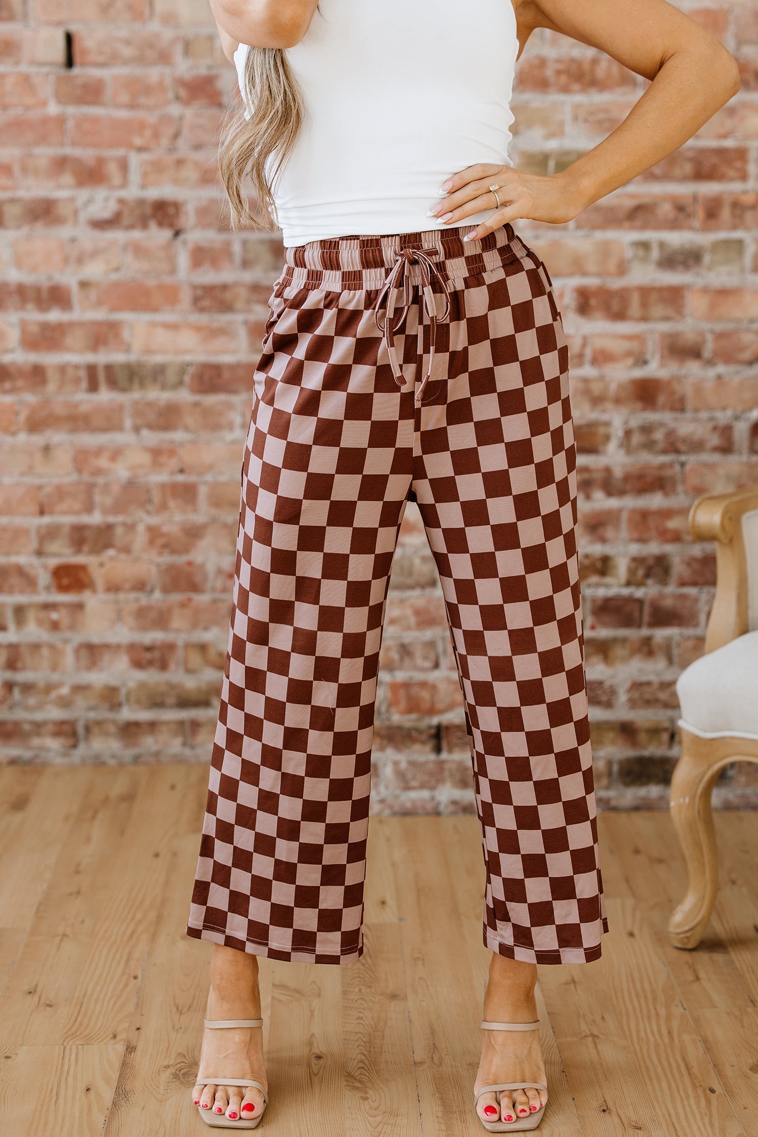 Checkered Elastic High Waist Loose Casual Trousers - eAura