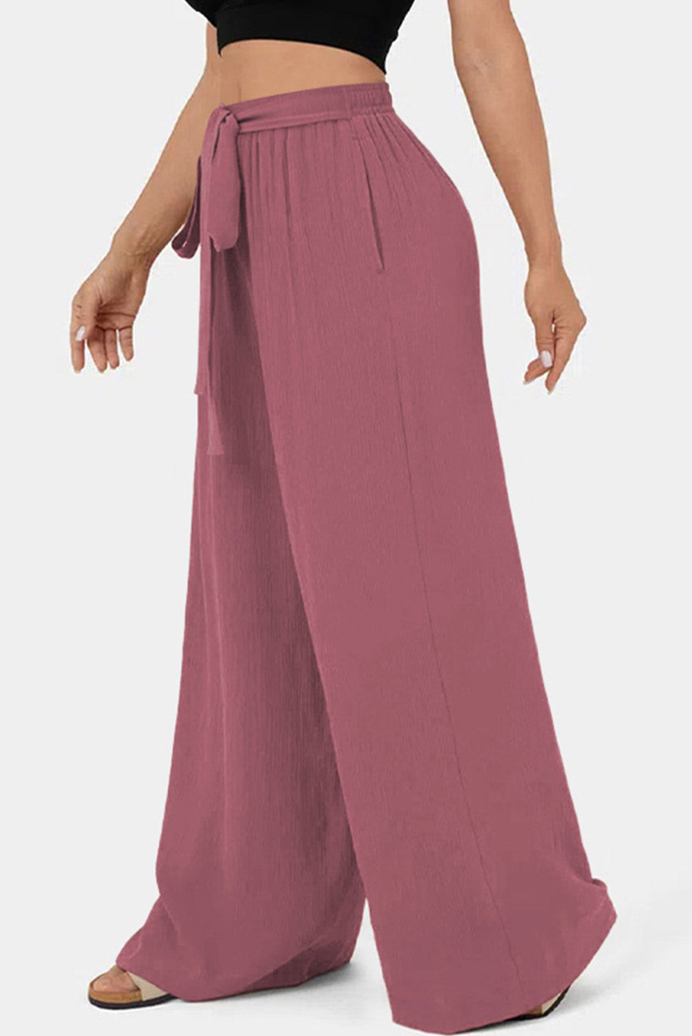 Coffee High Waisted Tie Front Side Pocket Wide Leg Flowy Casual Pants Dear-Lover Dropshipping