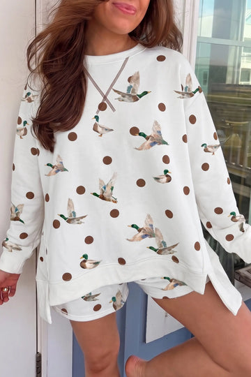 Co-ord short set oversized pullover and shorts - polka dot mallard print