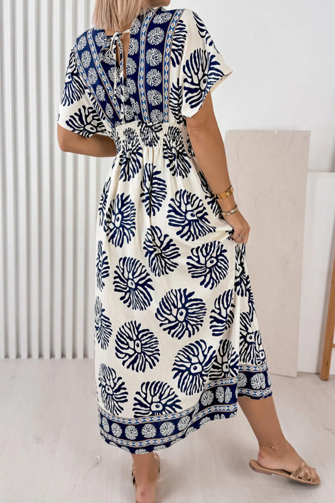 Boho Floral Print Contrast Patchwork V Neck Dolman Maxi Dress – Blue
