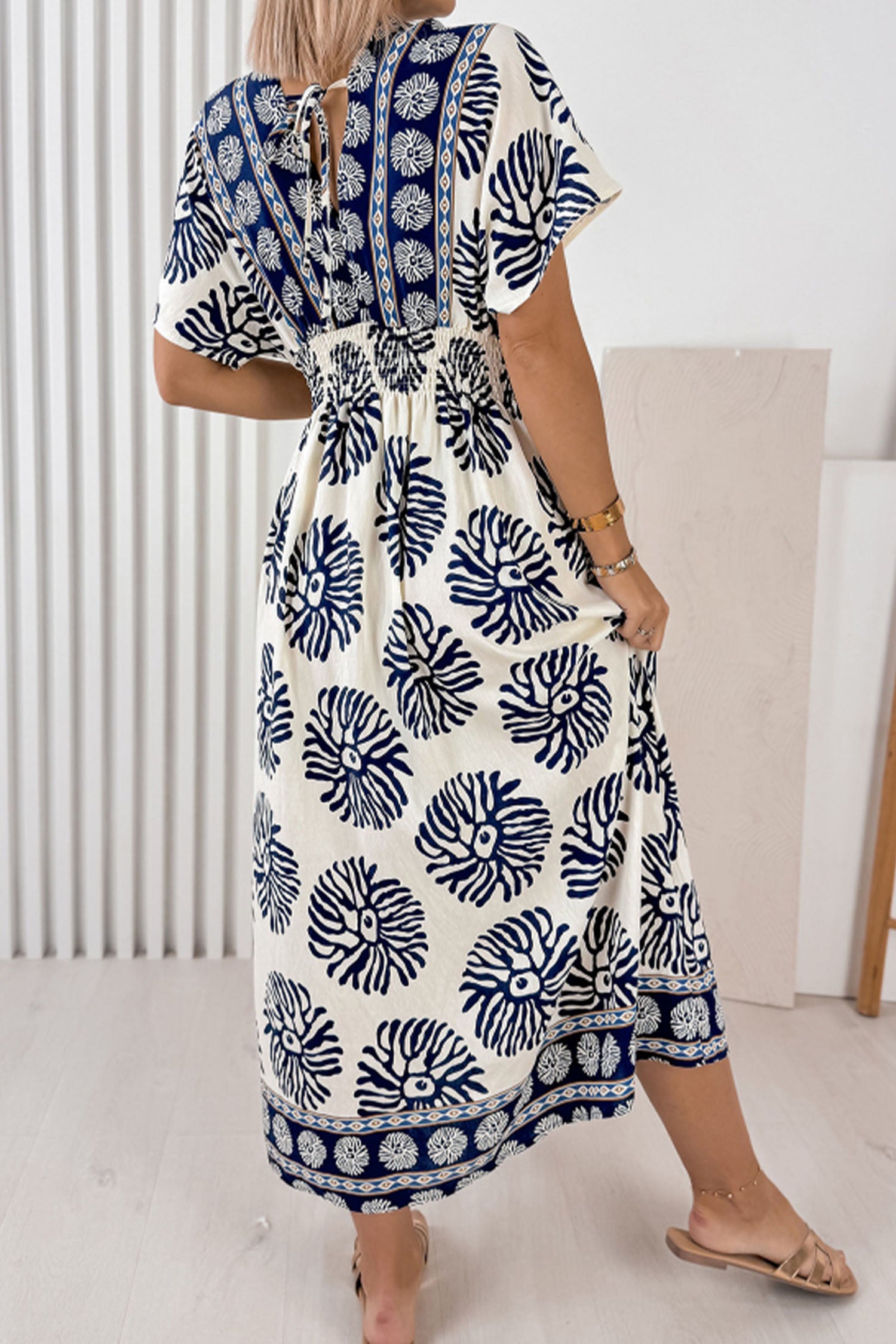 Boho Floral Print Contrast Patchwork V Neck Dolman Maxi Dress – Blue