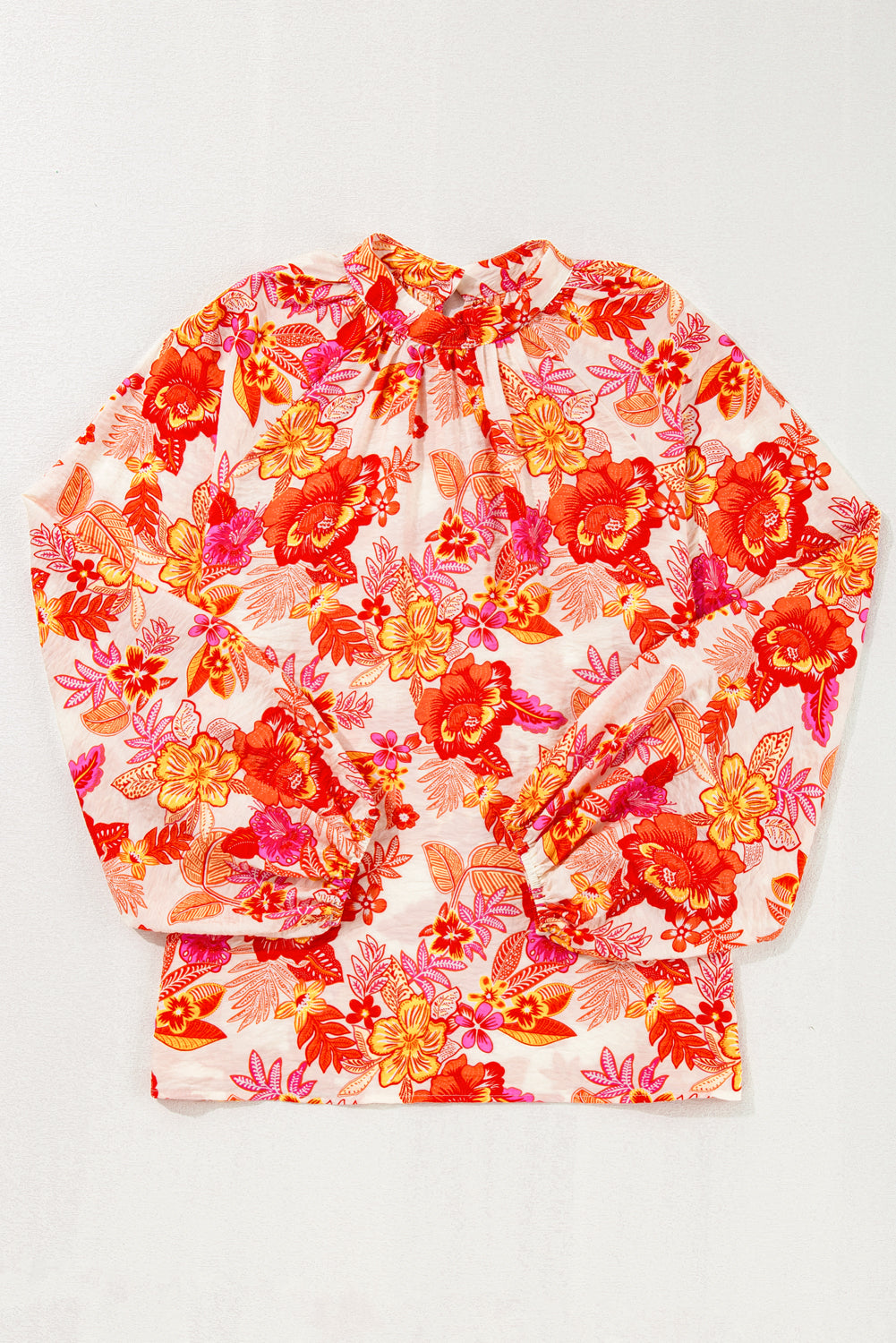 Orange Floral Print Pearl Button Keyhole Long Puff Sleeve Blouse eAura