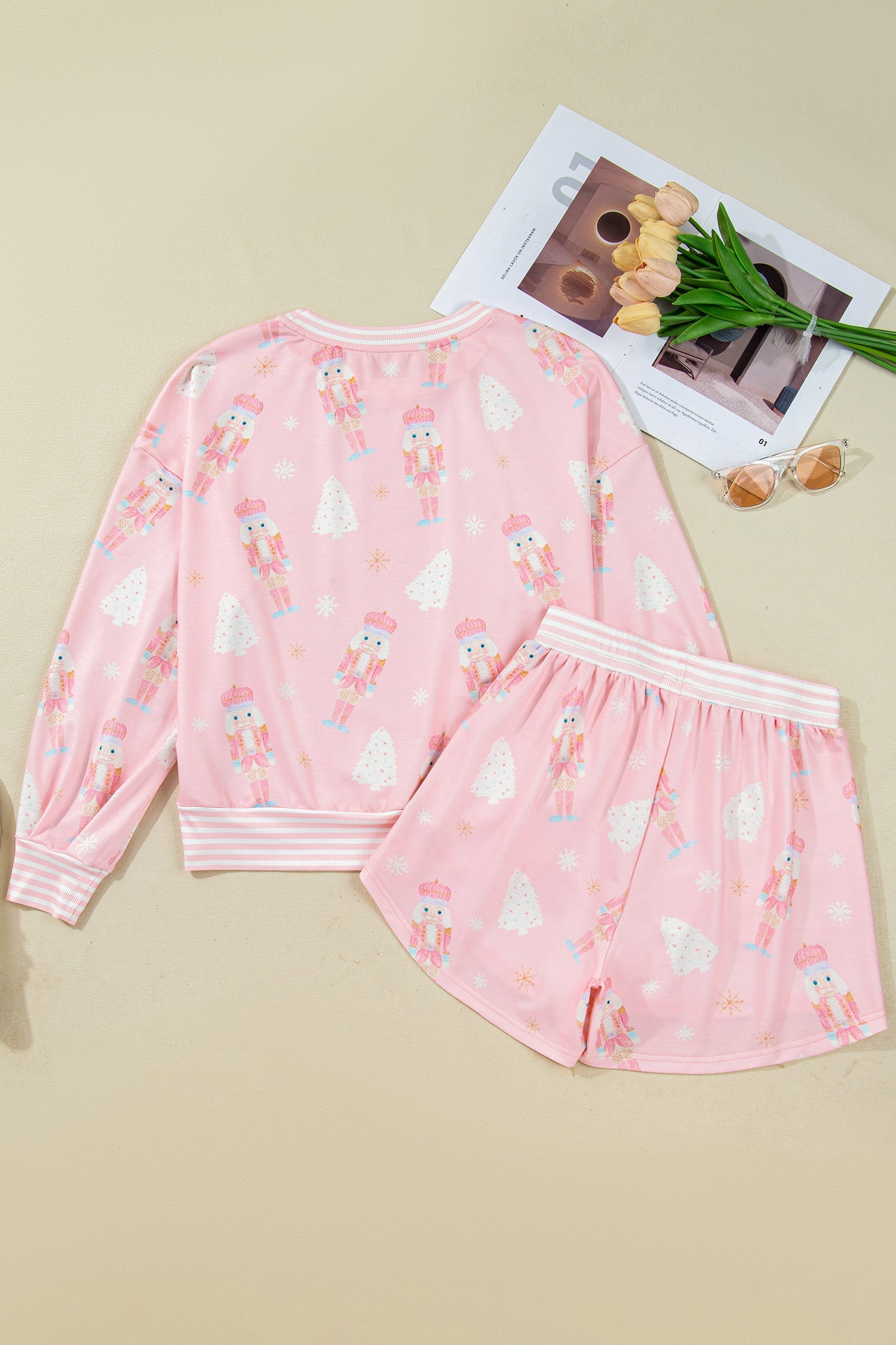 Pink Christmas Tree Nutcracker Doll Print Contrast Trim Long Sleeve Top Matching Shorts Set - Two Piece Sets/Short Sets