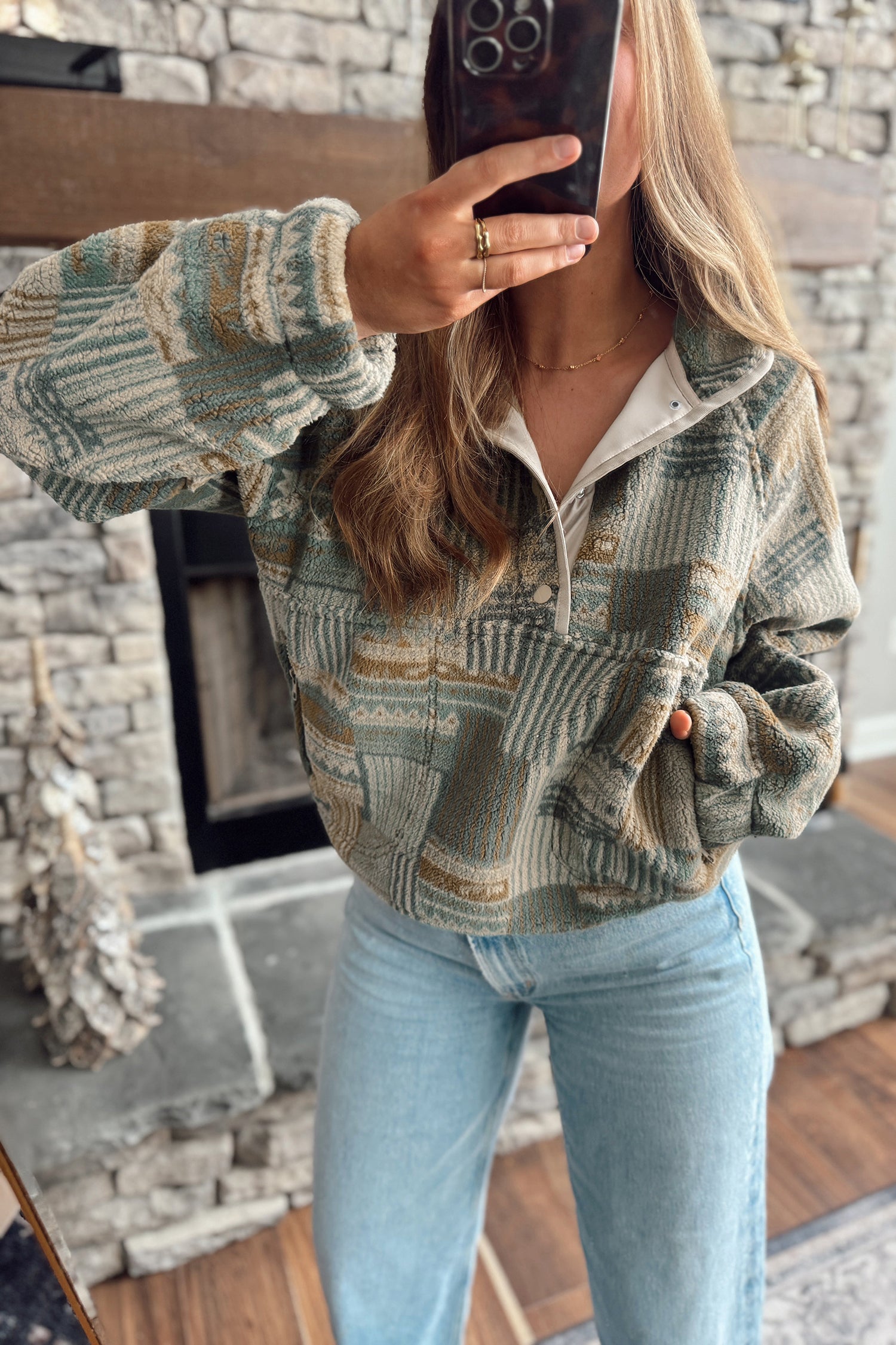 Western Print Fleece Pullover Long Sleeve Casual Fit Sweatshirt – Green