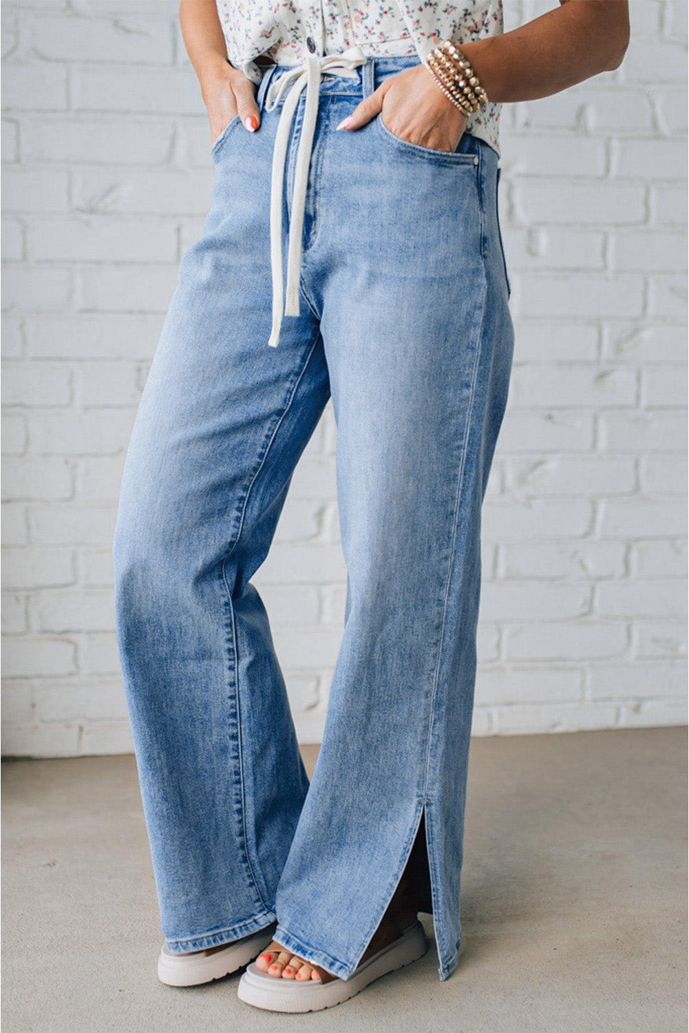 Slit Leg High Rise Drawstring Casual Jeans - eAura