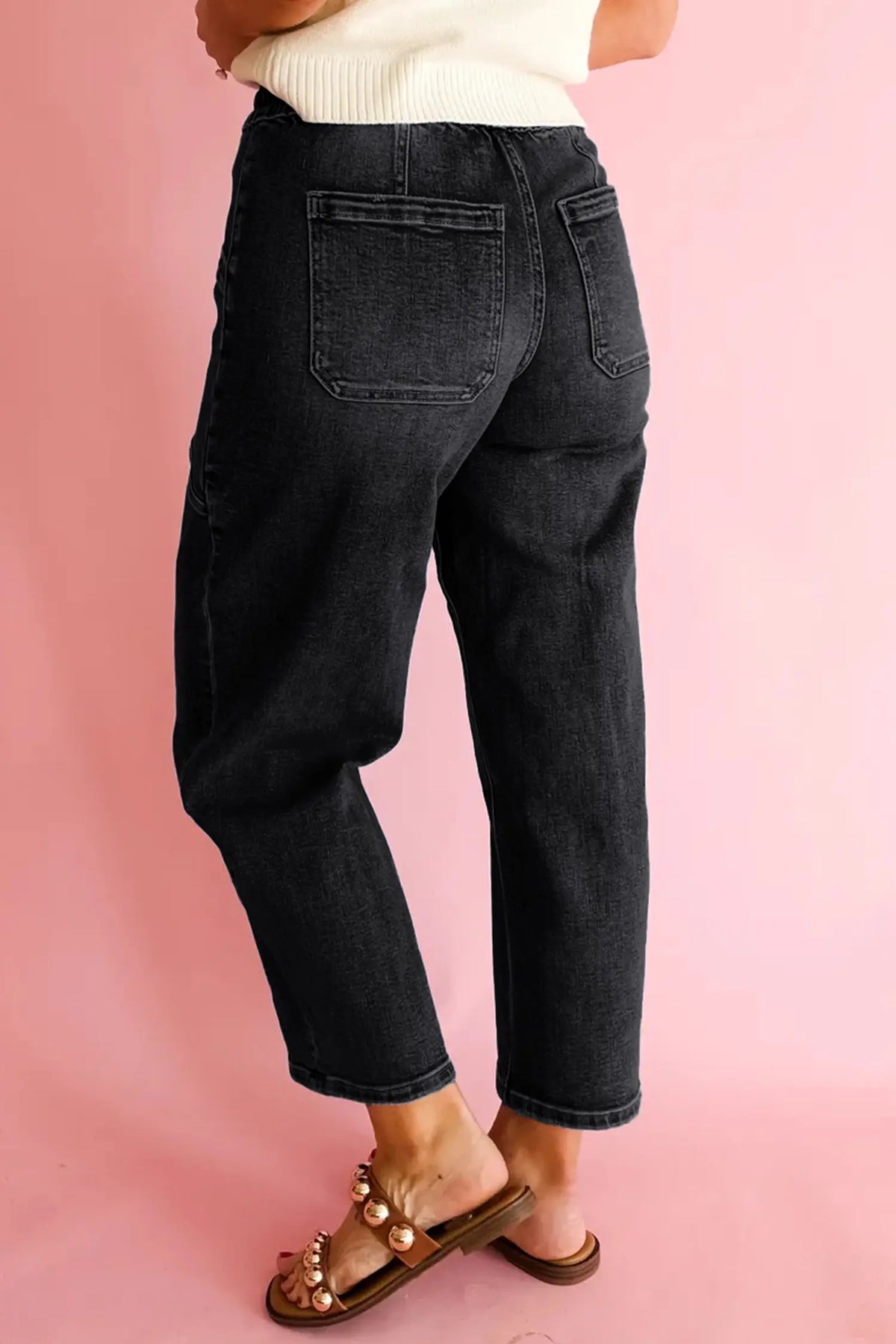 Jeans Drawstring Waist Ankle-Length Regular Fit with Pocket Detail