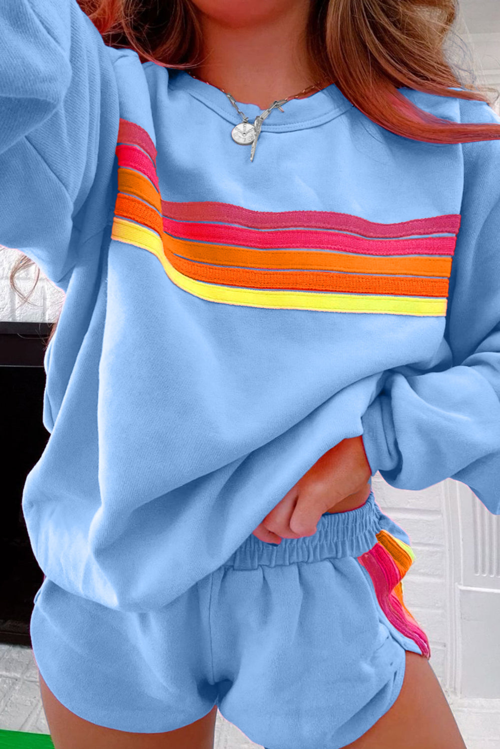 Beau Blue Striped Accent Pullover and Shorts Two Piece Casual Set Beagle Boutique Fashion Outlet