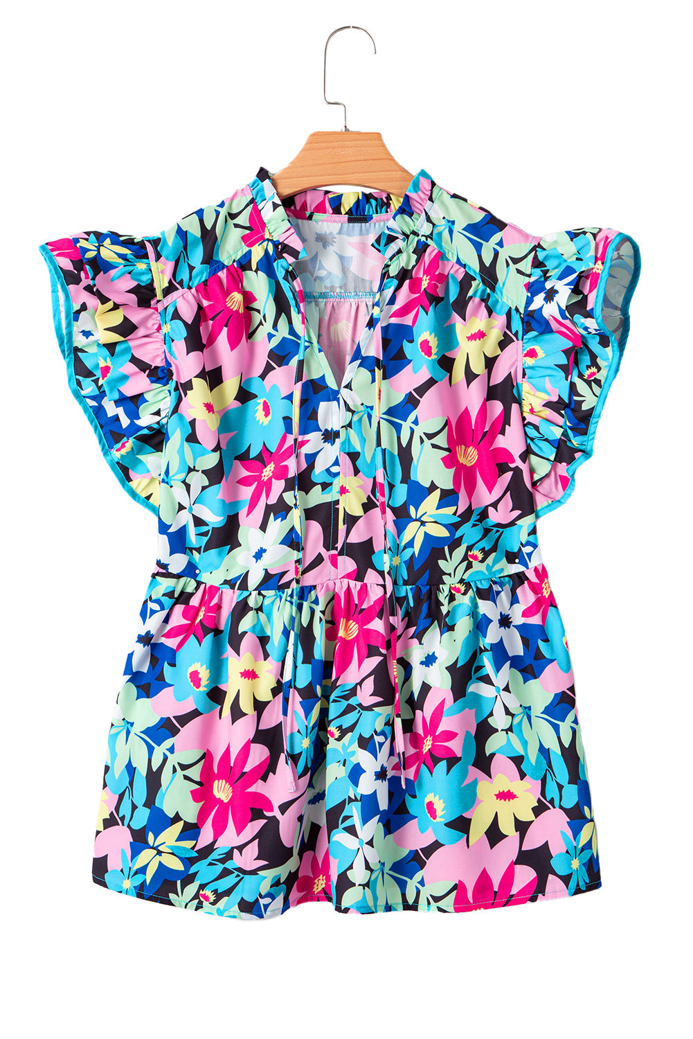 Blue Floral Flutter Sleeve Tied Notched Neck Plus Size Blouse BB Fashion Outlet