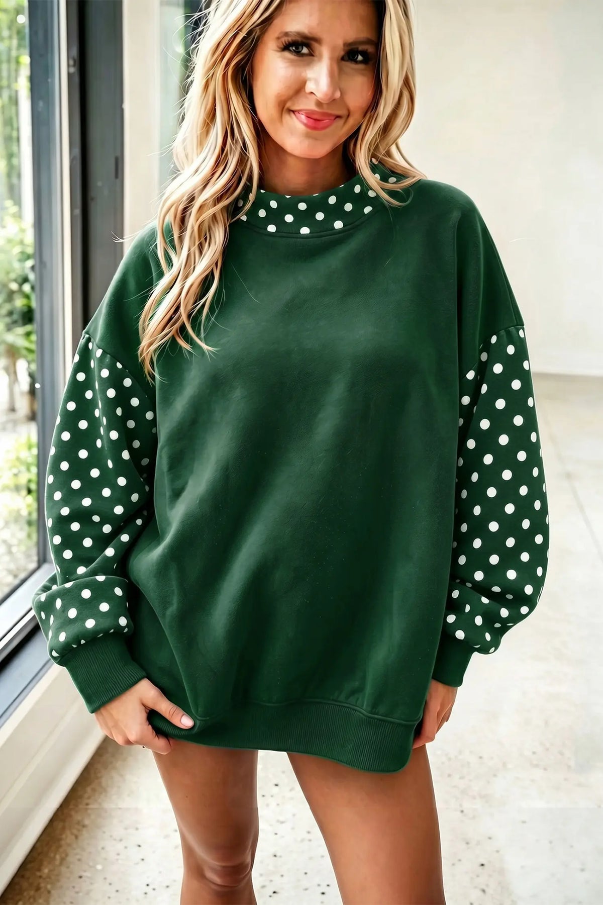 Baggy Sweatshirt Polka Dot Contrast Long Sleeve