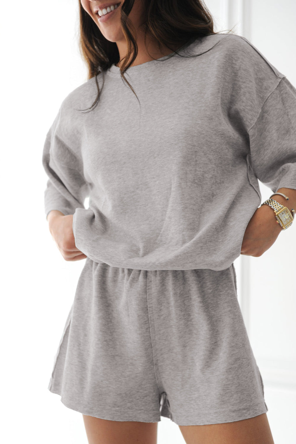 Grey Solid Colour Loose Tee 2 Piece Shorts Set eAura