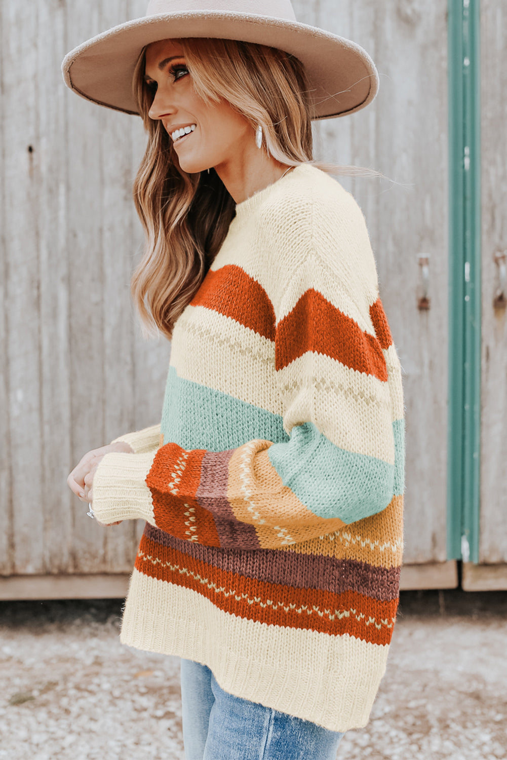 Crew Neck Drop-shoulder Striped Colour Block Sweater eAura