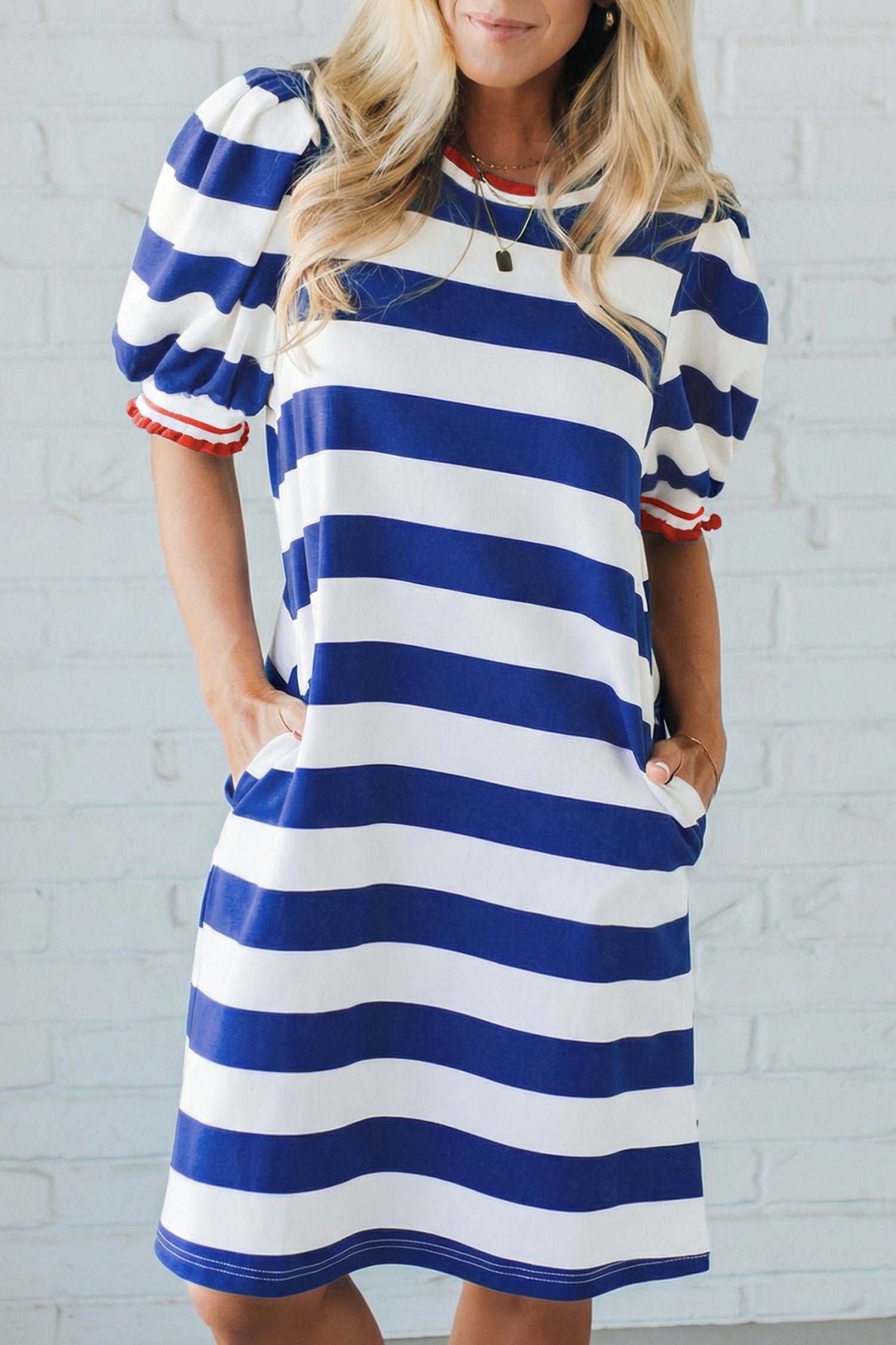 Stripe Contrast Trim Round Neck Short Puff Sleeve Shift Mini Dress