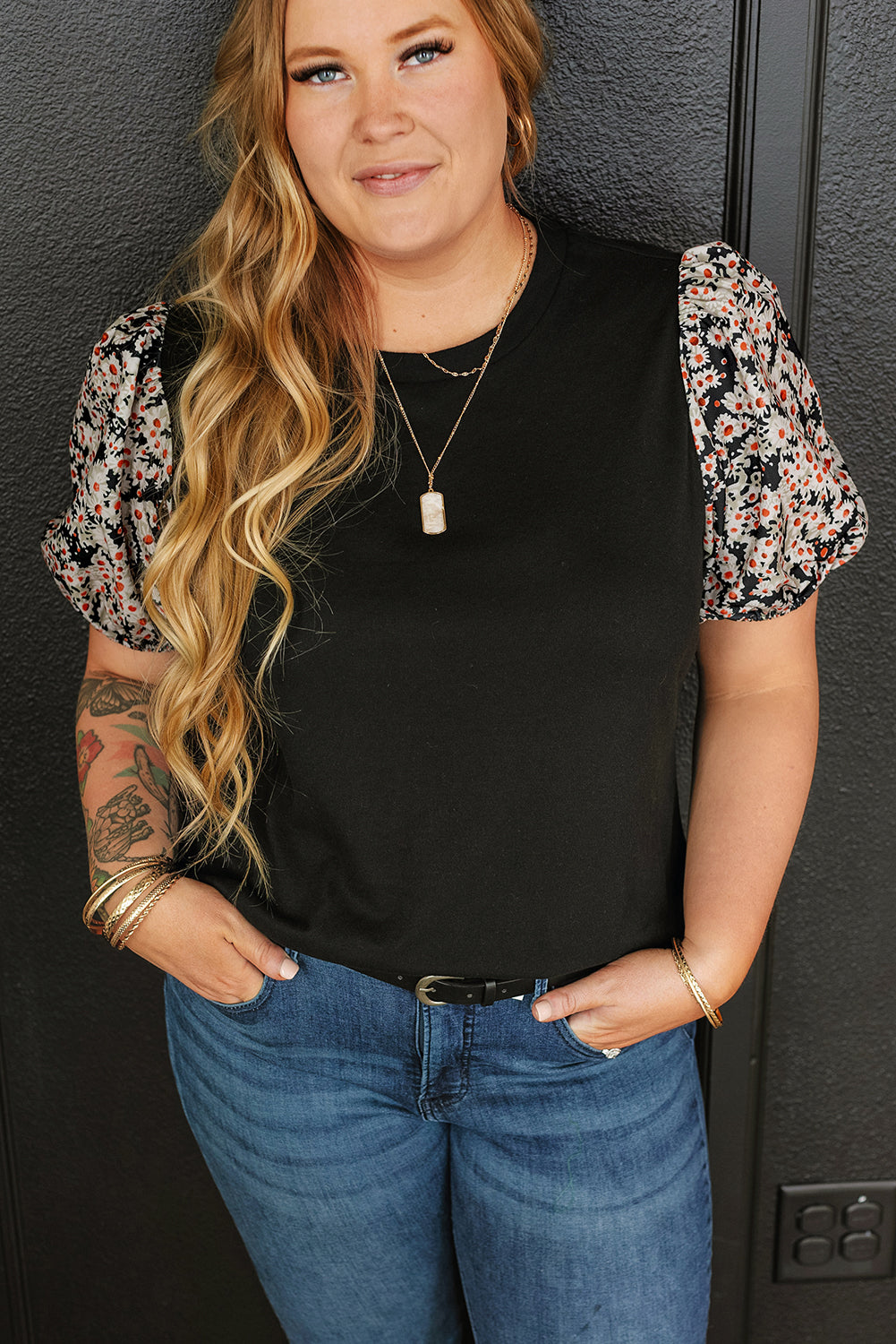 Black Daisy Printed Short Bubble Sleeve Plus Size Tunic Top BB Fashion Outlet