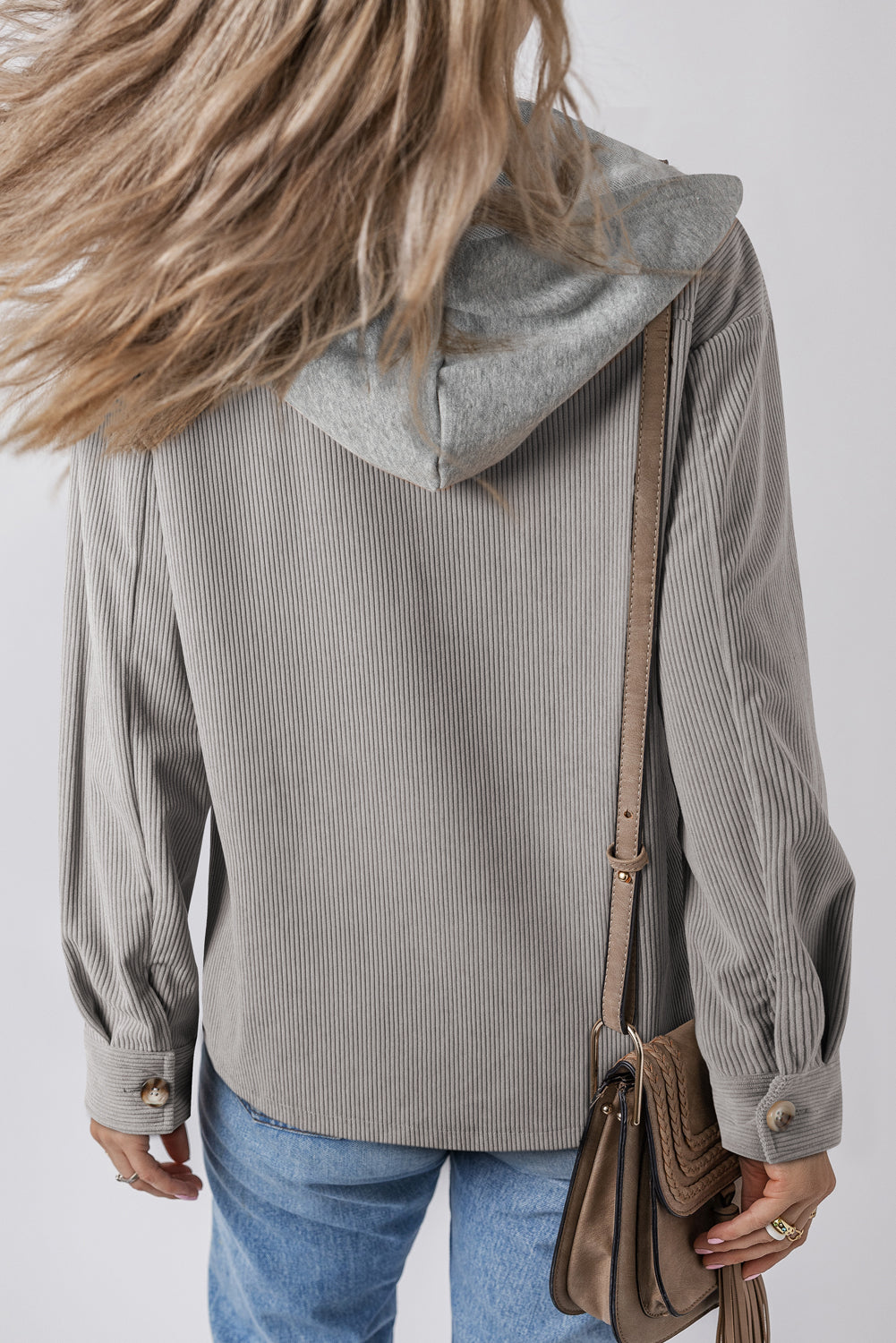 Light Grey Hooded Drawstring Pockets Corduroy Shacket Beagle Boutique Fashion Outlet