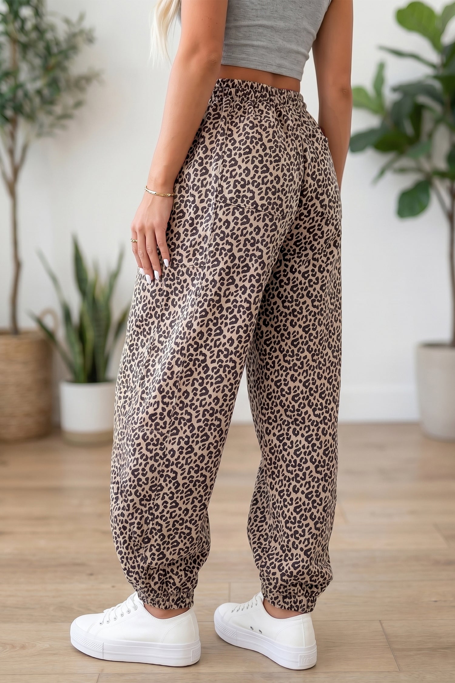 Leopard Print Elastic Waist Ankle Length Pants – Khaki