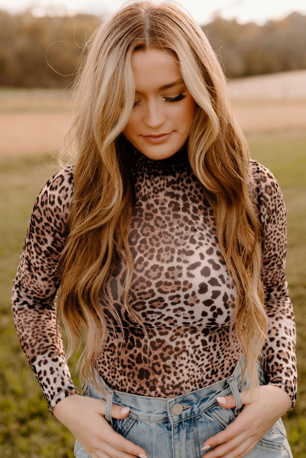 Brown Leopard Smocked Neck Mesh Long Sleeve Bodysuit eAura