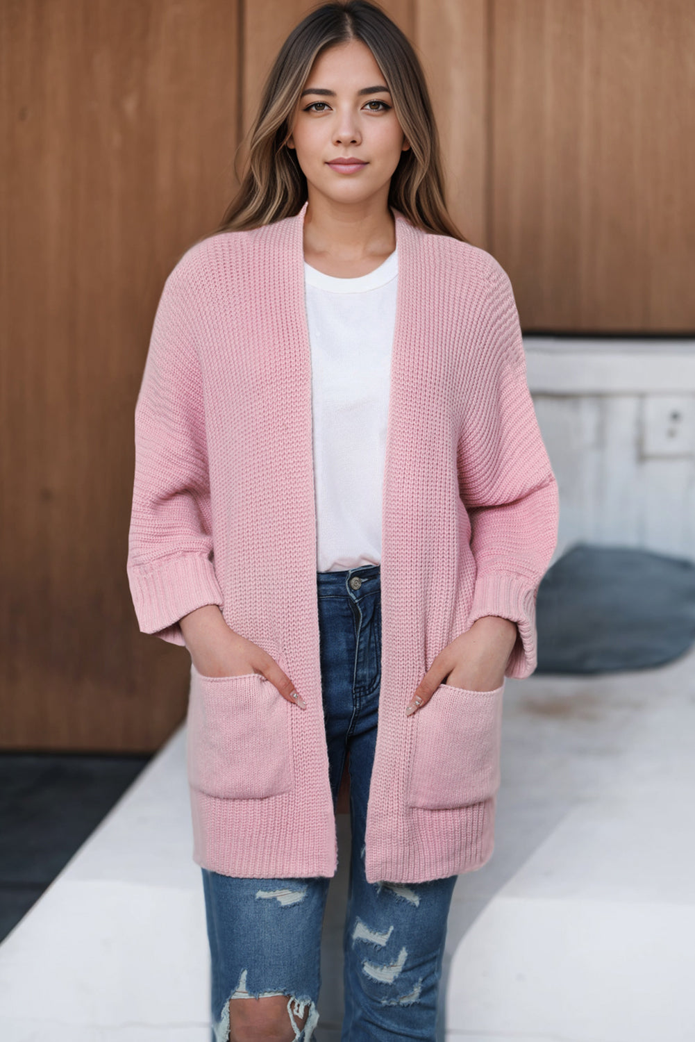 Pink Oversized Fold Over Sleeve Open Front Cardigan eAura
