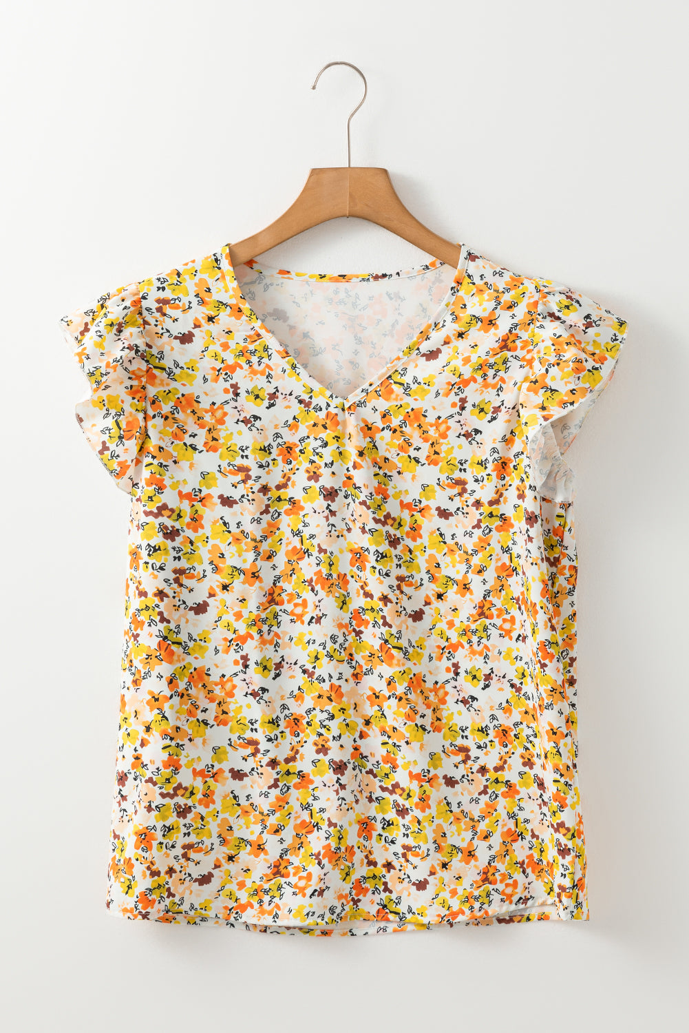 Green Floral Print Ruffled Sleeveless V Neck Tank Top eAura